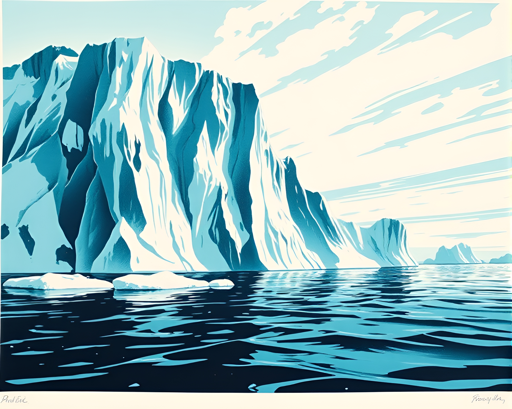 Arctic Turquoise Iceberg Linocut Print Wide-Angle Scene – free AI stock image