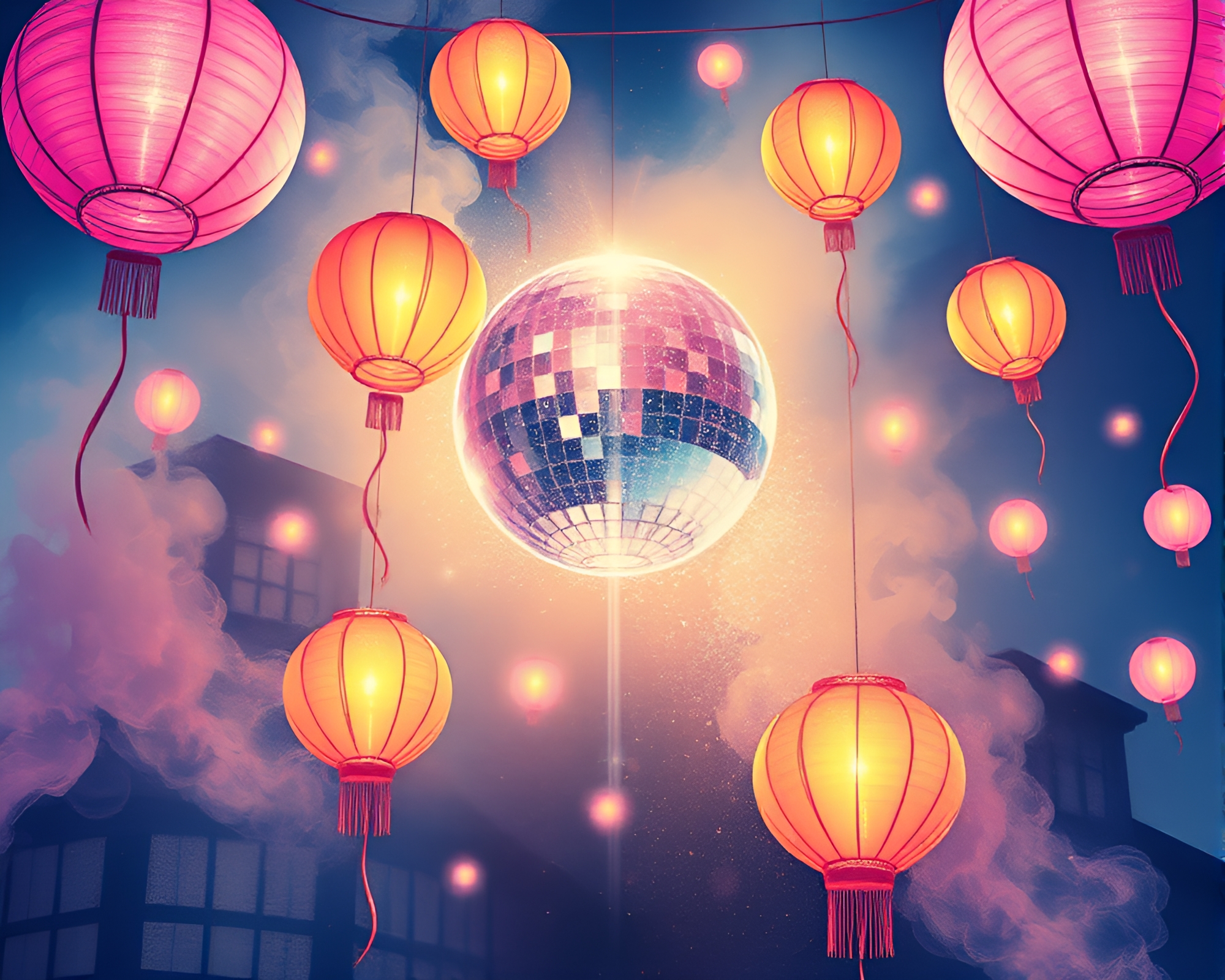 Ethereal smoke rings surround floating lantern disco ball – free AI stock image