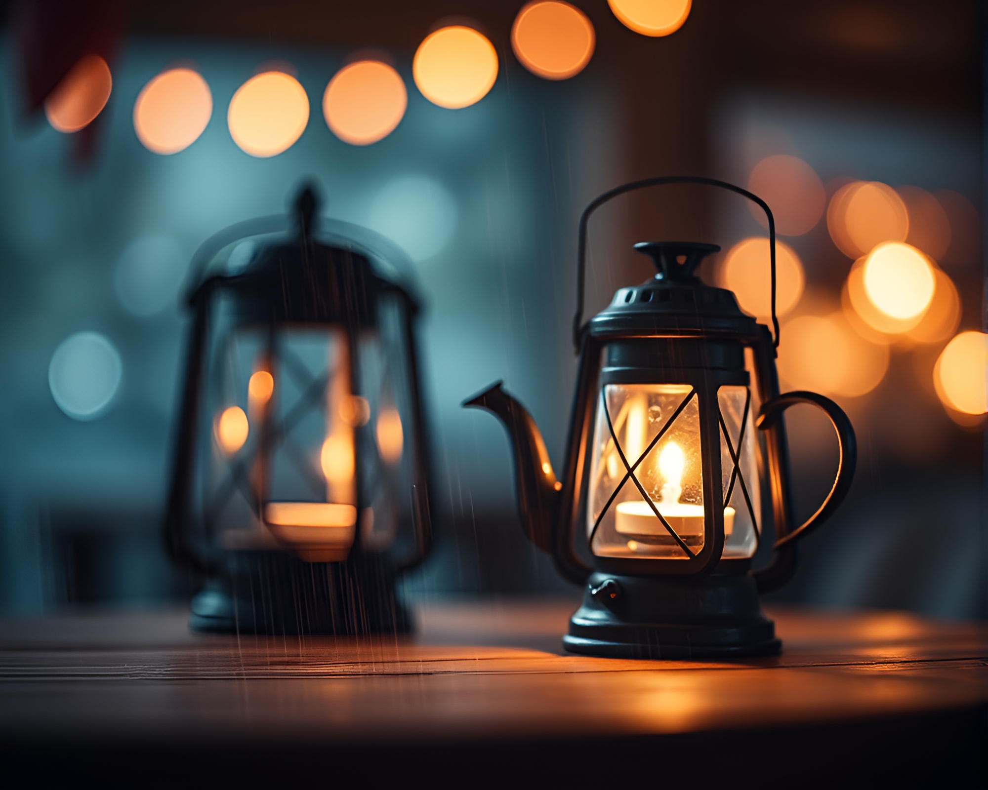 Vintage Tea Set Illuminated by Lantern Light Bokeh – free AI stock image