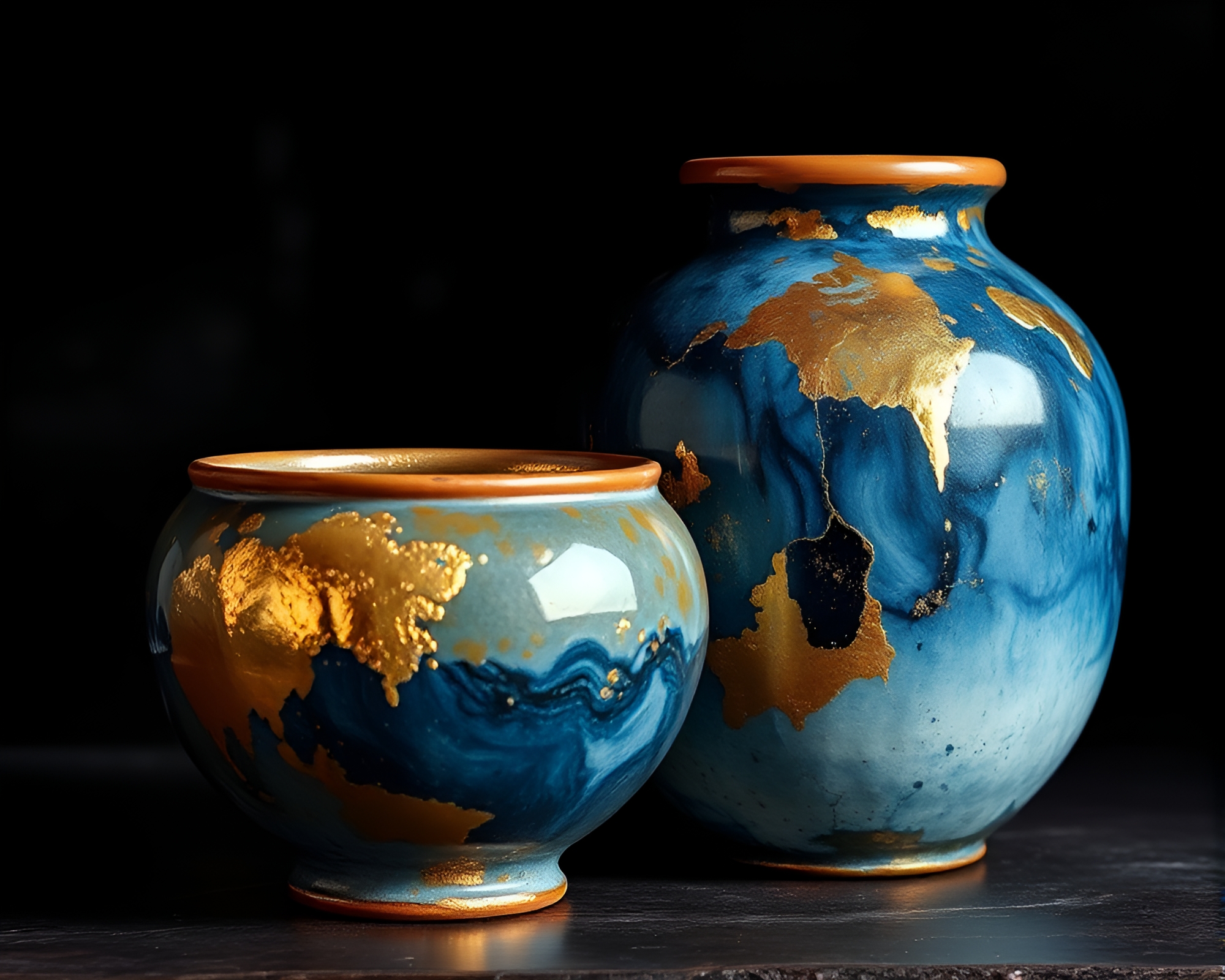 Arctic Blue Rustic Pottery with Gilded Sumi-e Brushwork – free AI stock image