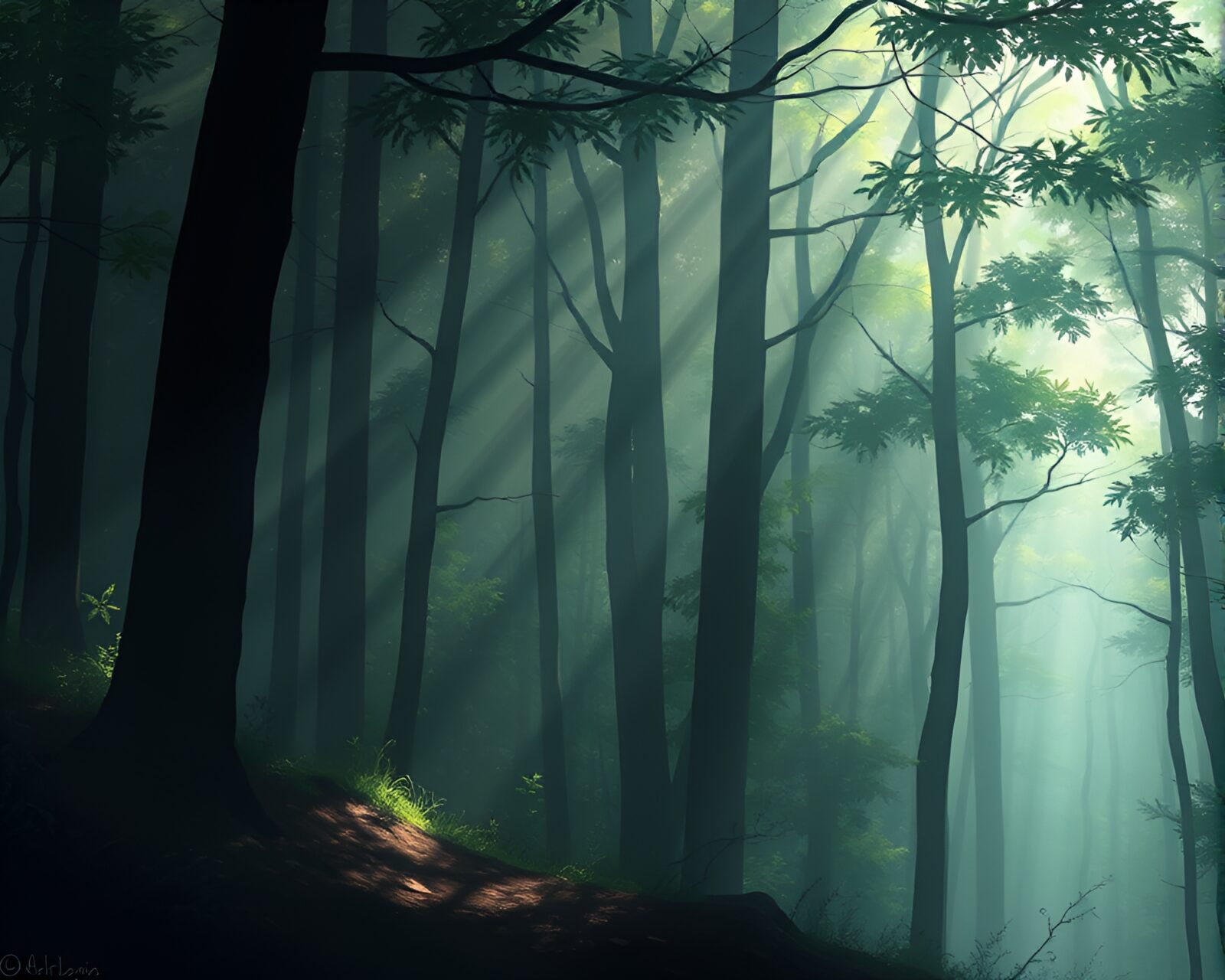 Digital painting of a mystical forest with dreamy haze