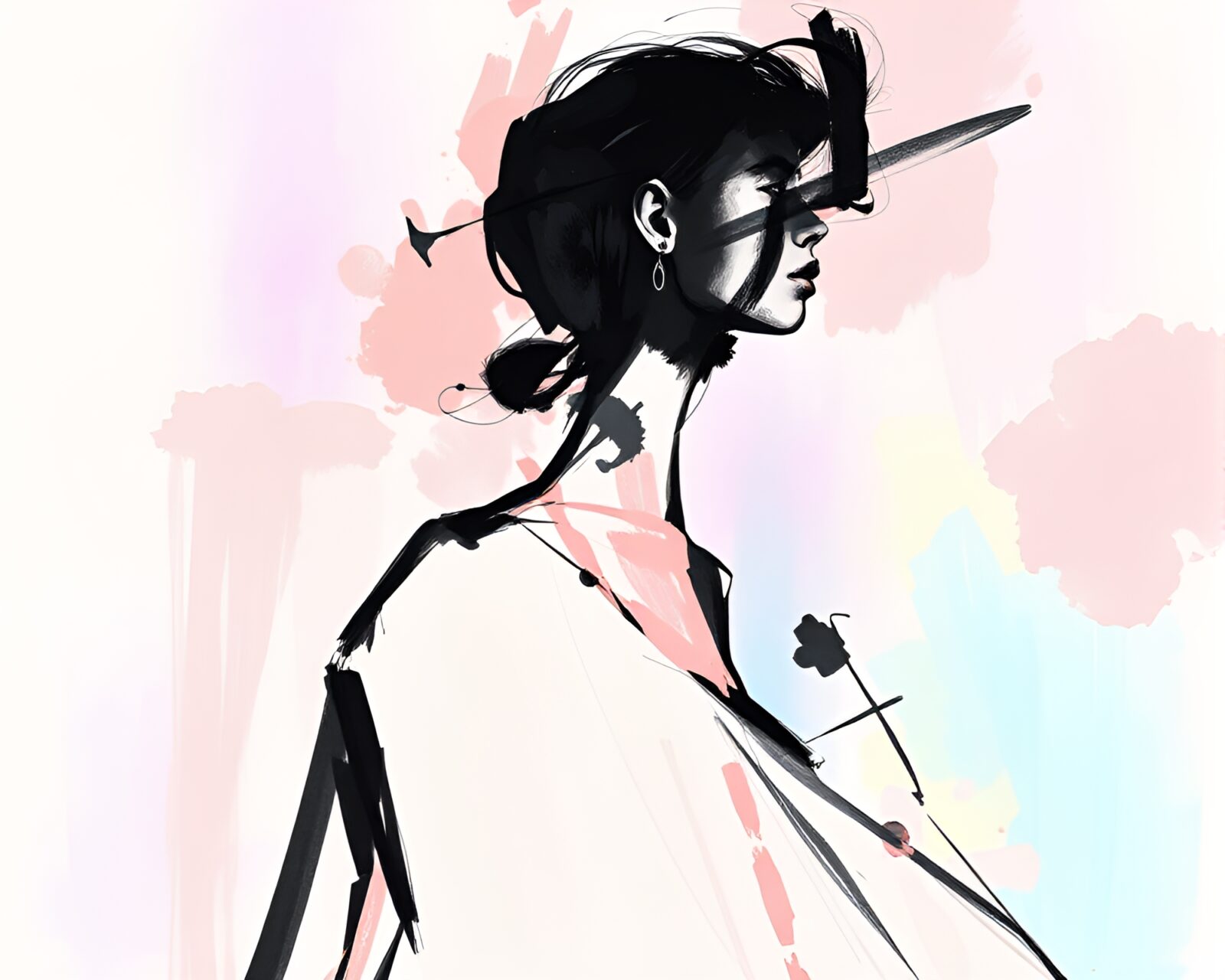 Minimalist fashion illustration with iridescent highlights and abstract expressionism