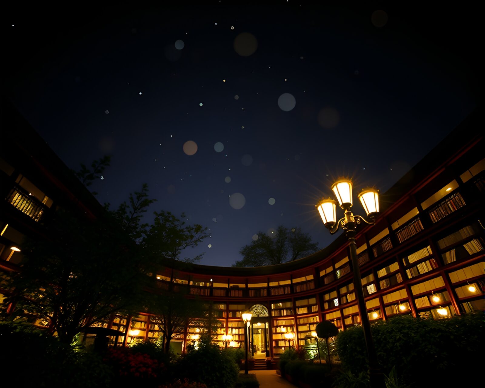 Double exposure photography of sky garden with library lamp light