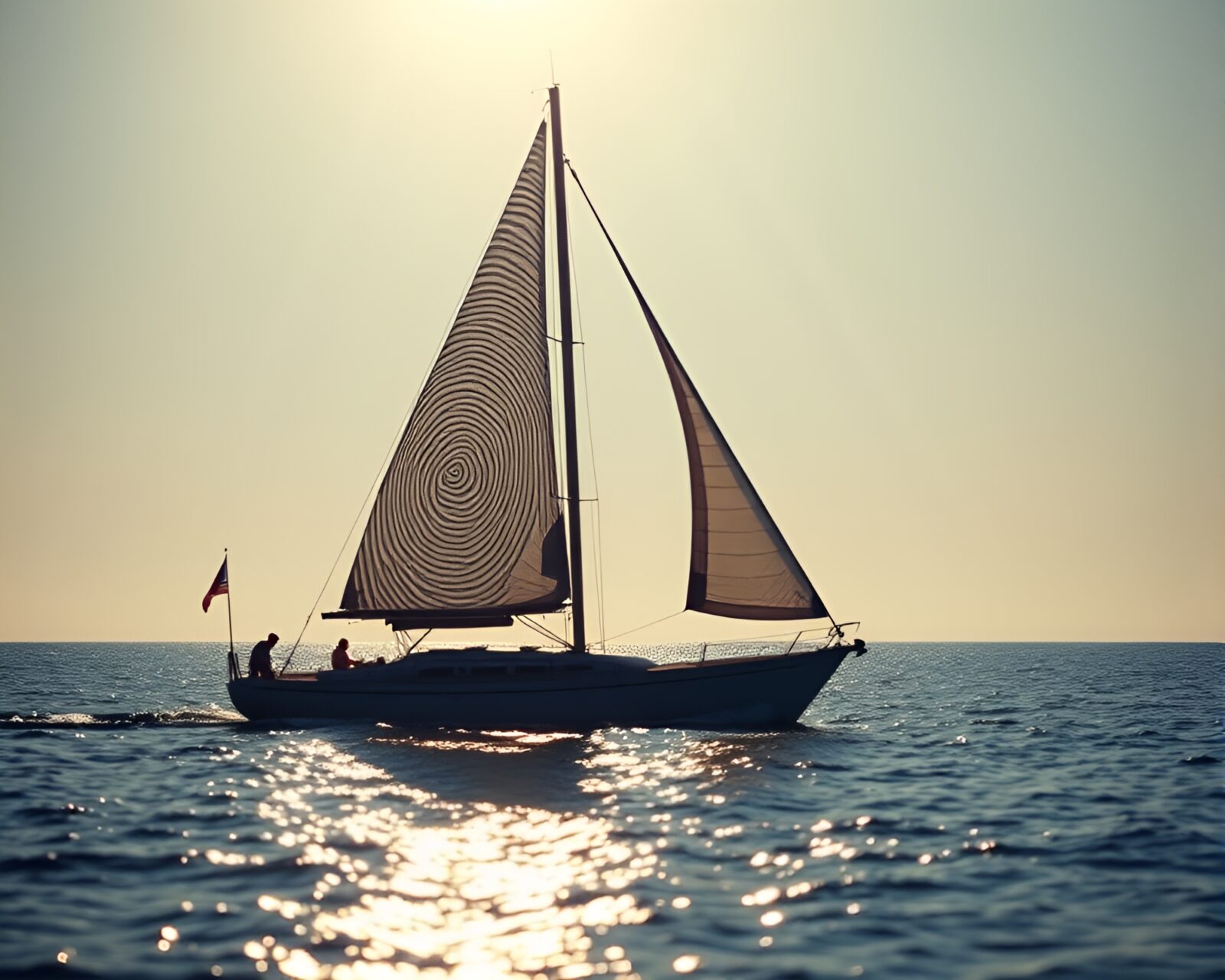 Photorealistic image of a solar sailboat on swirling fingerprint patterned water