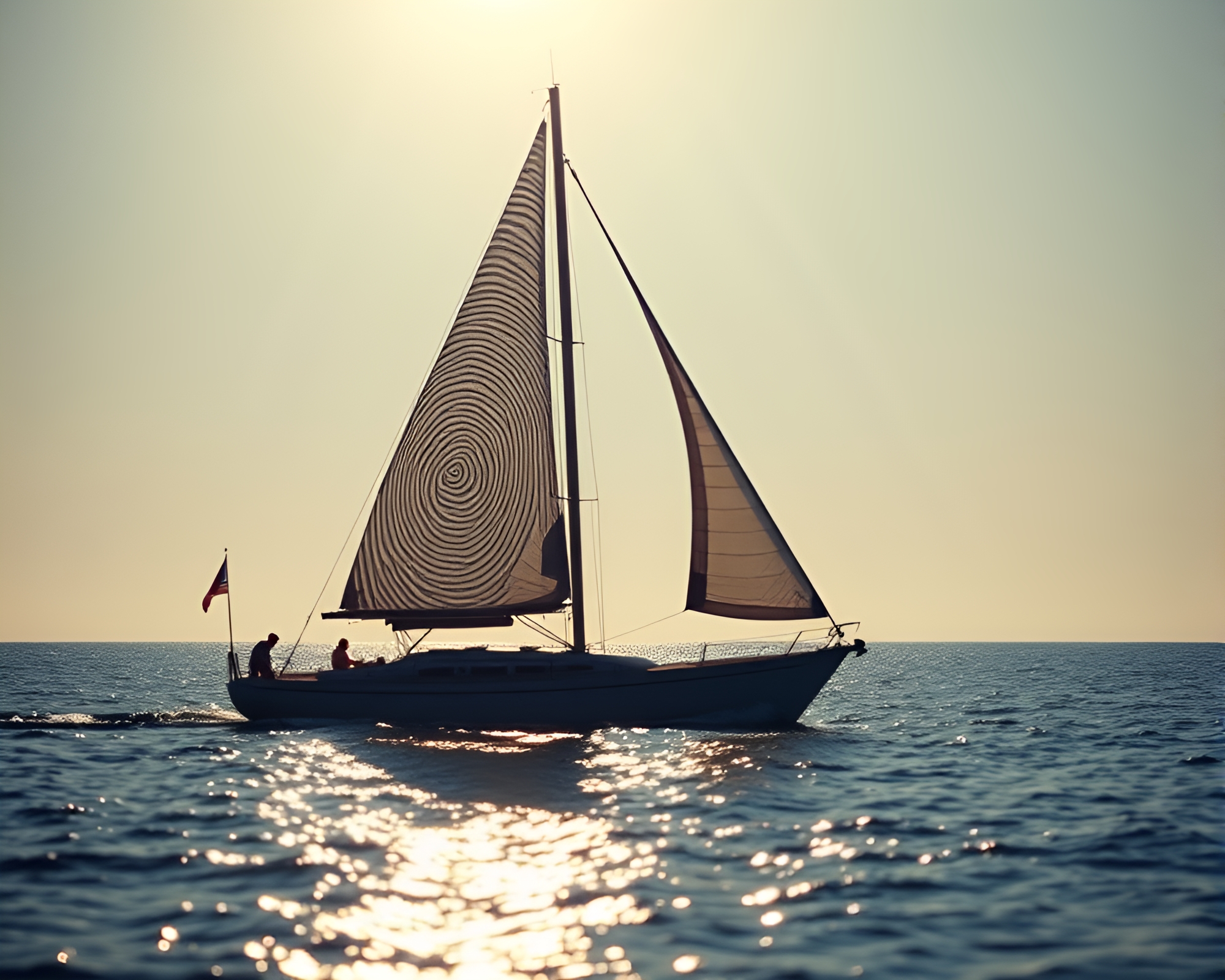 Mystical Solar Sailboat on Fingerprint Swirl Waterscape – free AI stock image