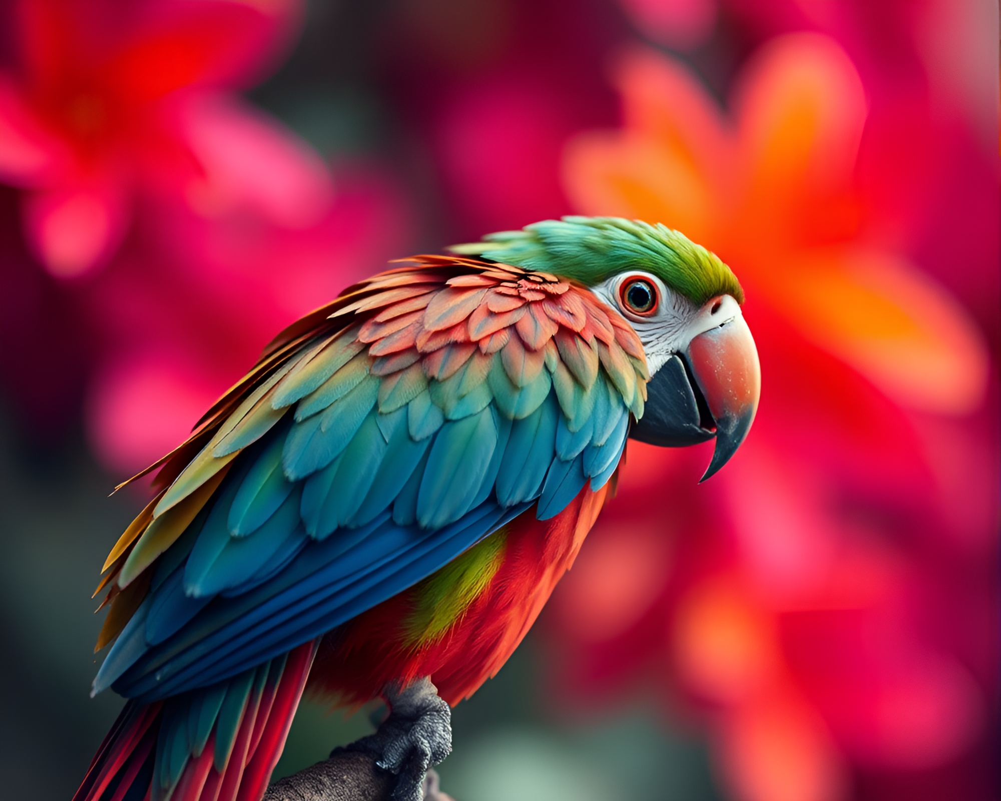Tropical Parrot Surrounded by Vibrant Flower Petals – free AI stock image