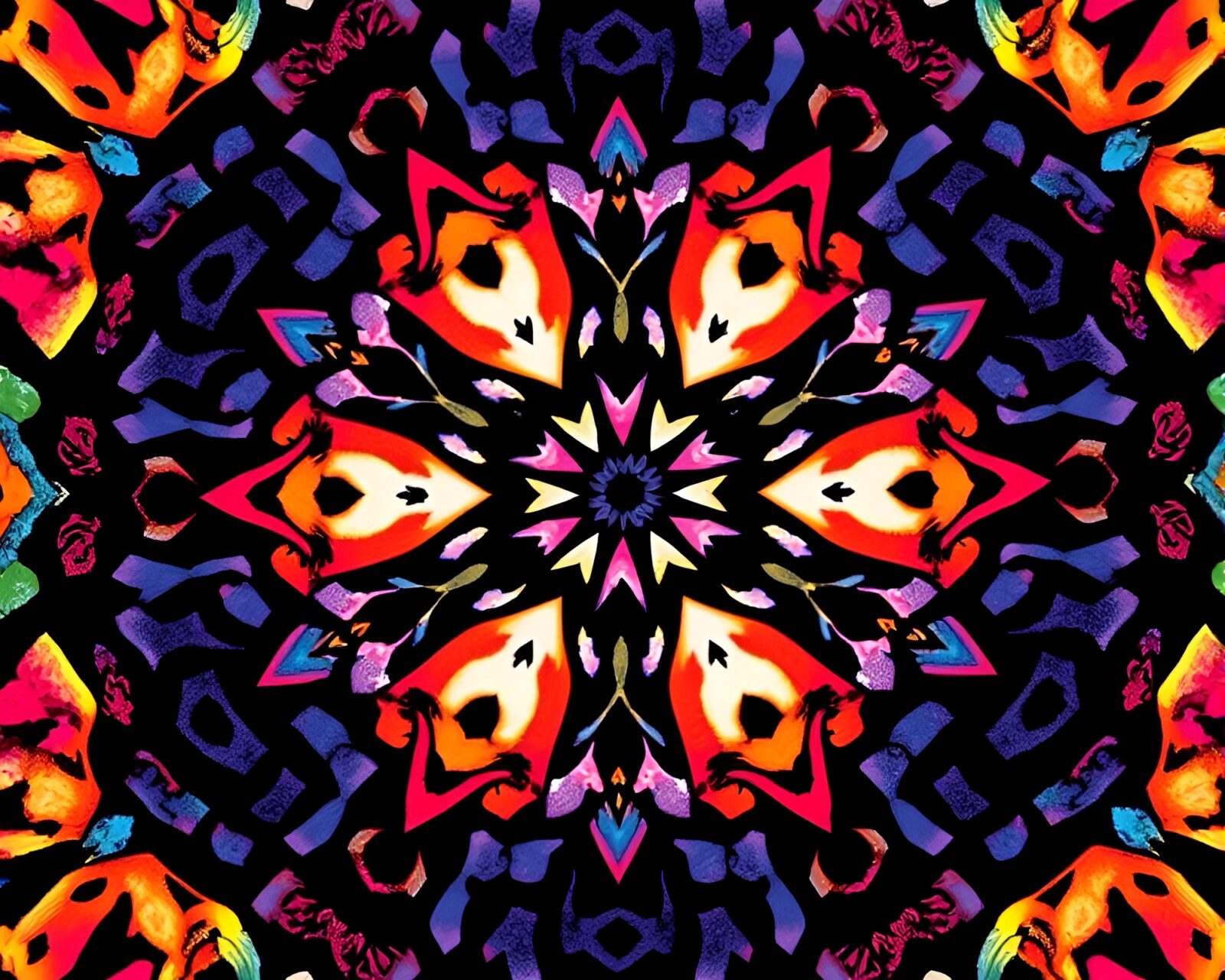 Vivid kaleidoscope design in intricate woodcut style print.