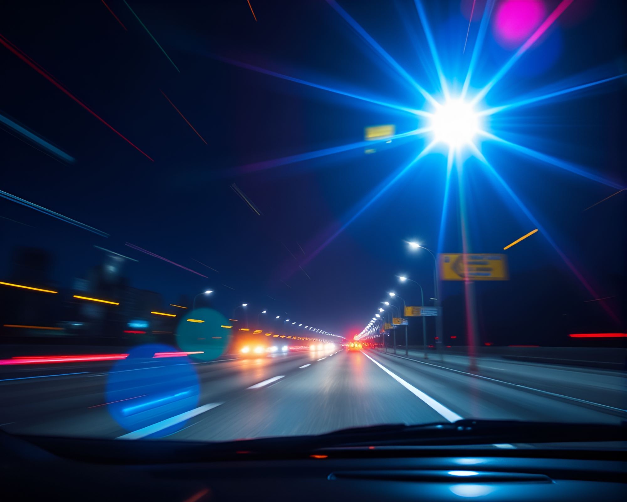 Futuristic Android Car Trails with Lens Flare Bursts – free AI stock image