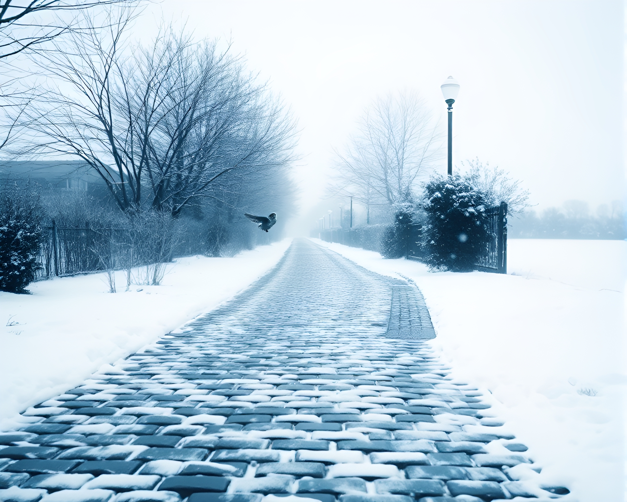 Snowy Owl Double Exposure on Cobblestone Path – free AI stock image