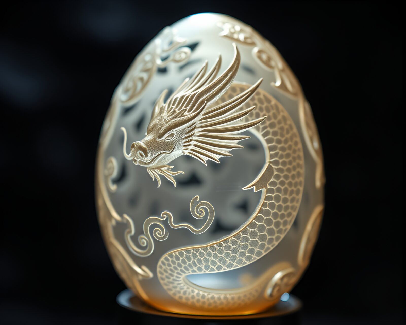 Magical dragon egg with intricate engraved details in spotlight