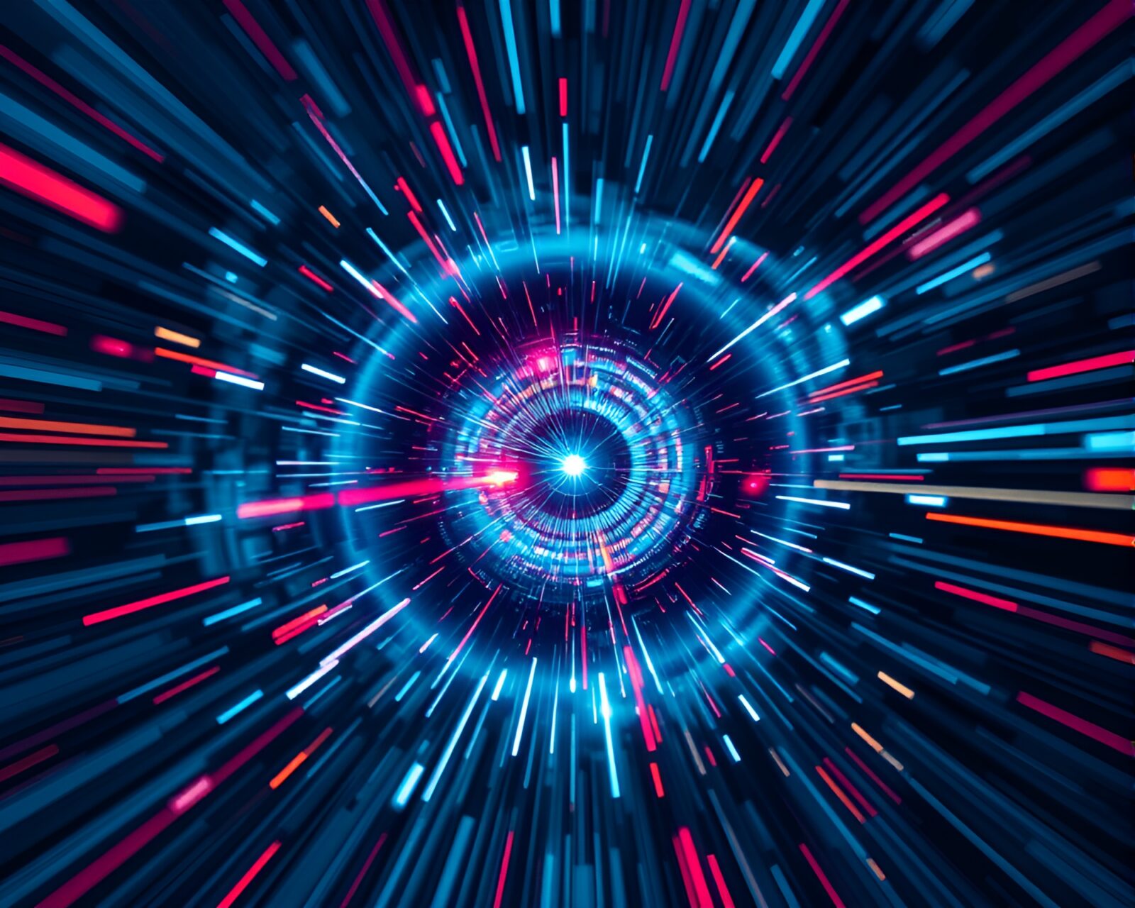 Worm's eye view of cybernetic eye in starburst colors