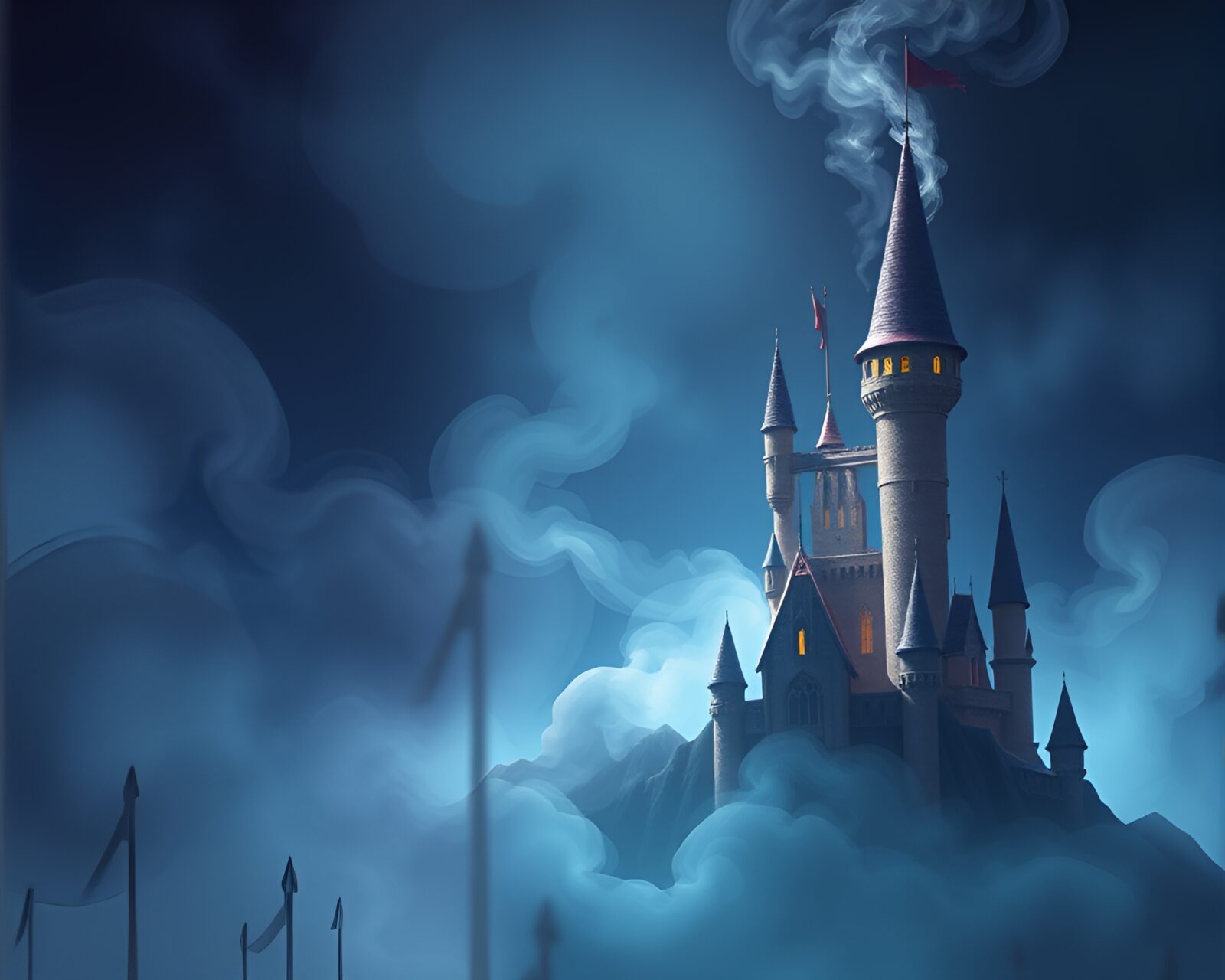 Mysterious castle enveloped in swirling smoke under spotlight