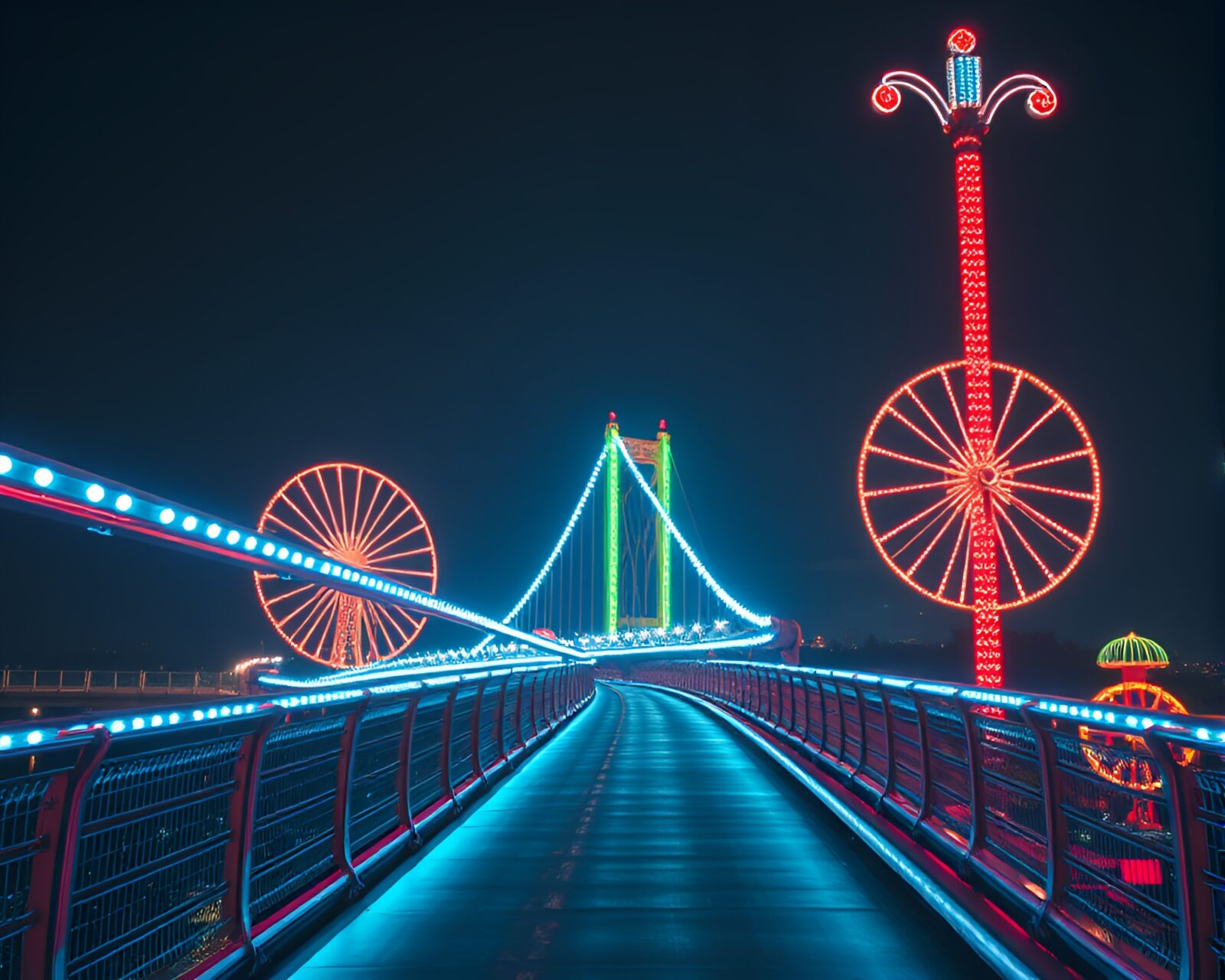 High-angle shot of retro-futuristic glass bridge at night