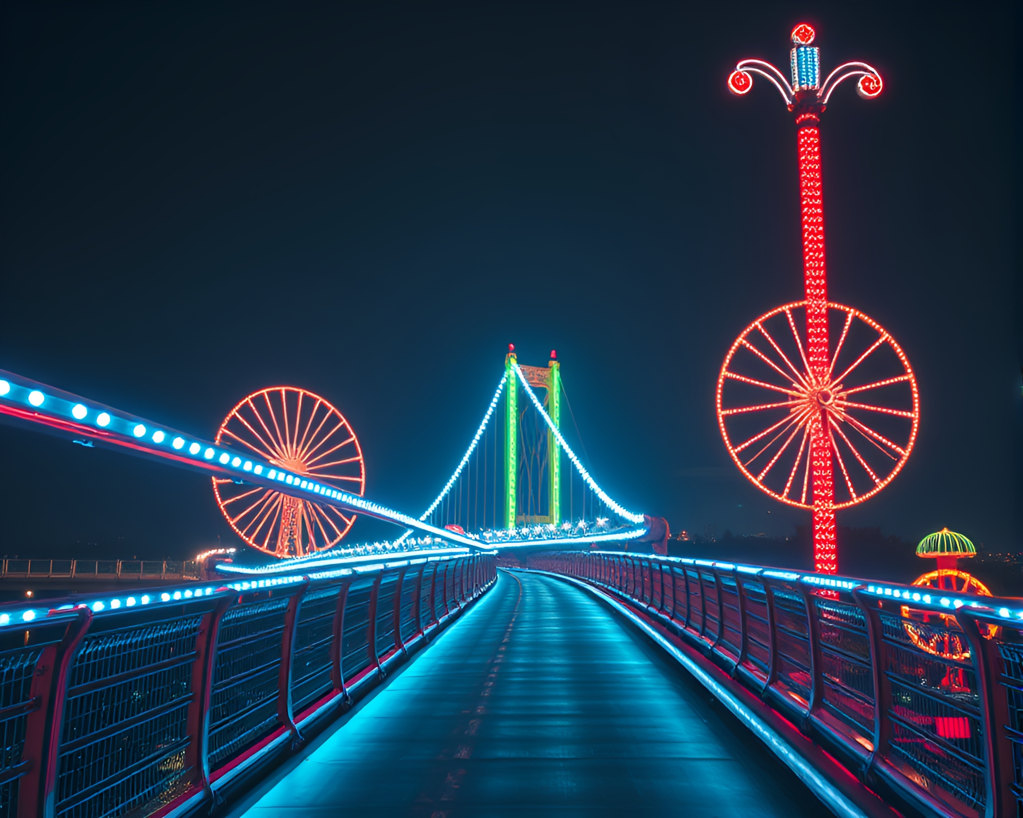 Futuristic Glass Bridge Illuminated by Carnival Lights – free AI stock image