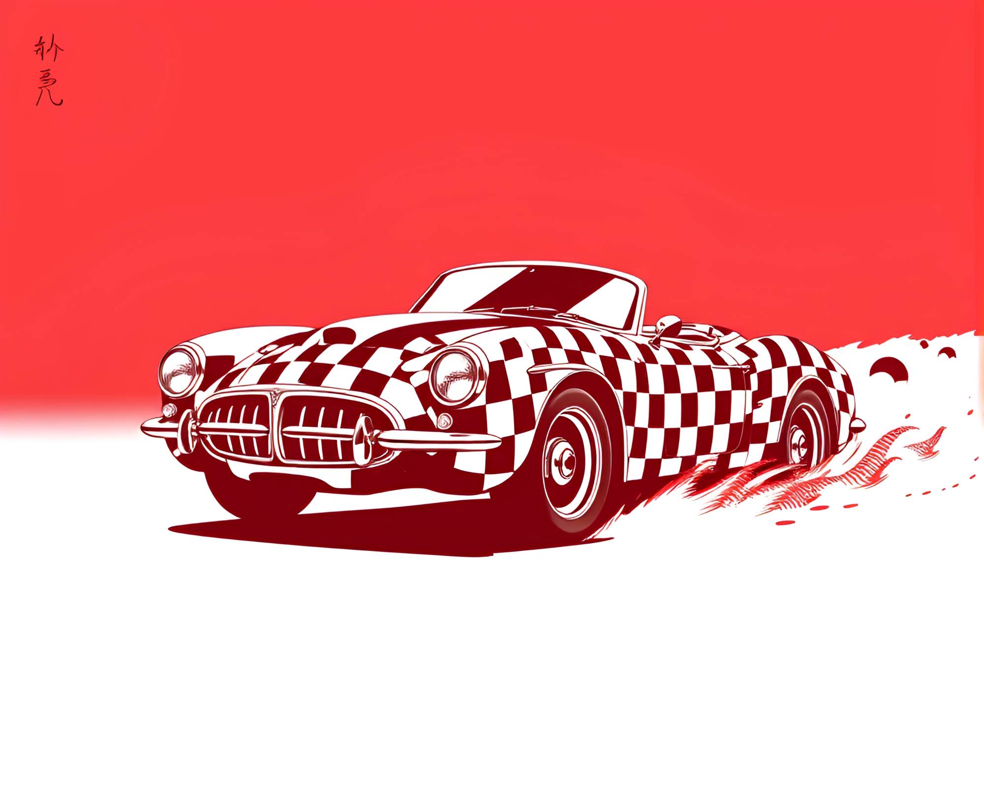 Flying Car in Monochrome Red Calligraphy Checkered Sky – free AI stock image