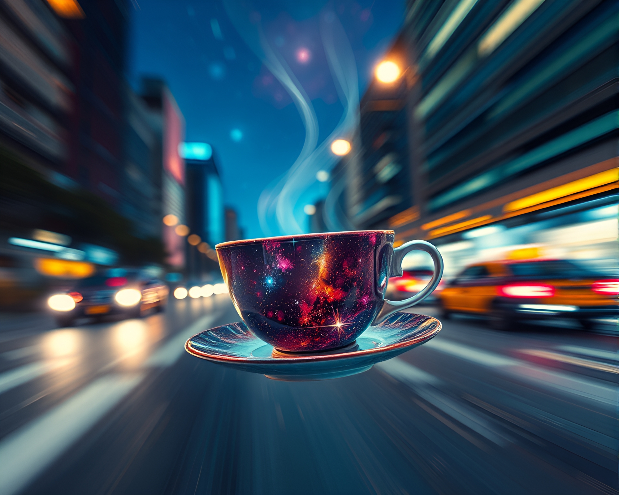 Galactic Floating Tea Cup in Taxi Blur Streak – free AI stock image