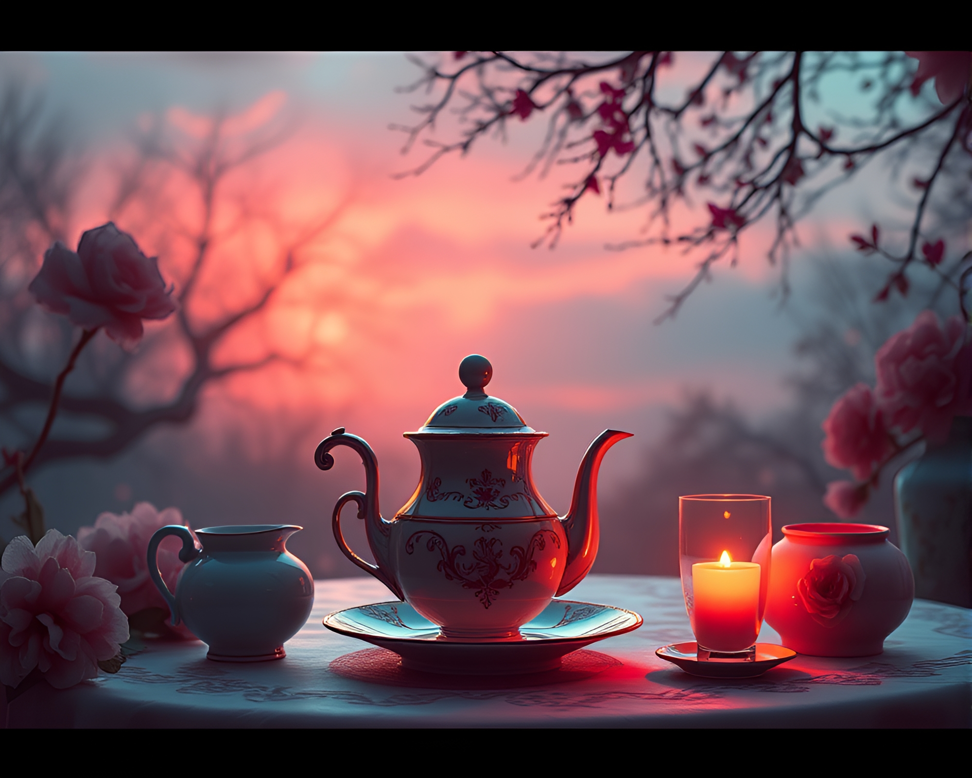 Sunrise Tea Party with Scanline Aesthetic – free AI stock image