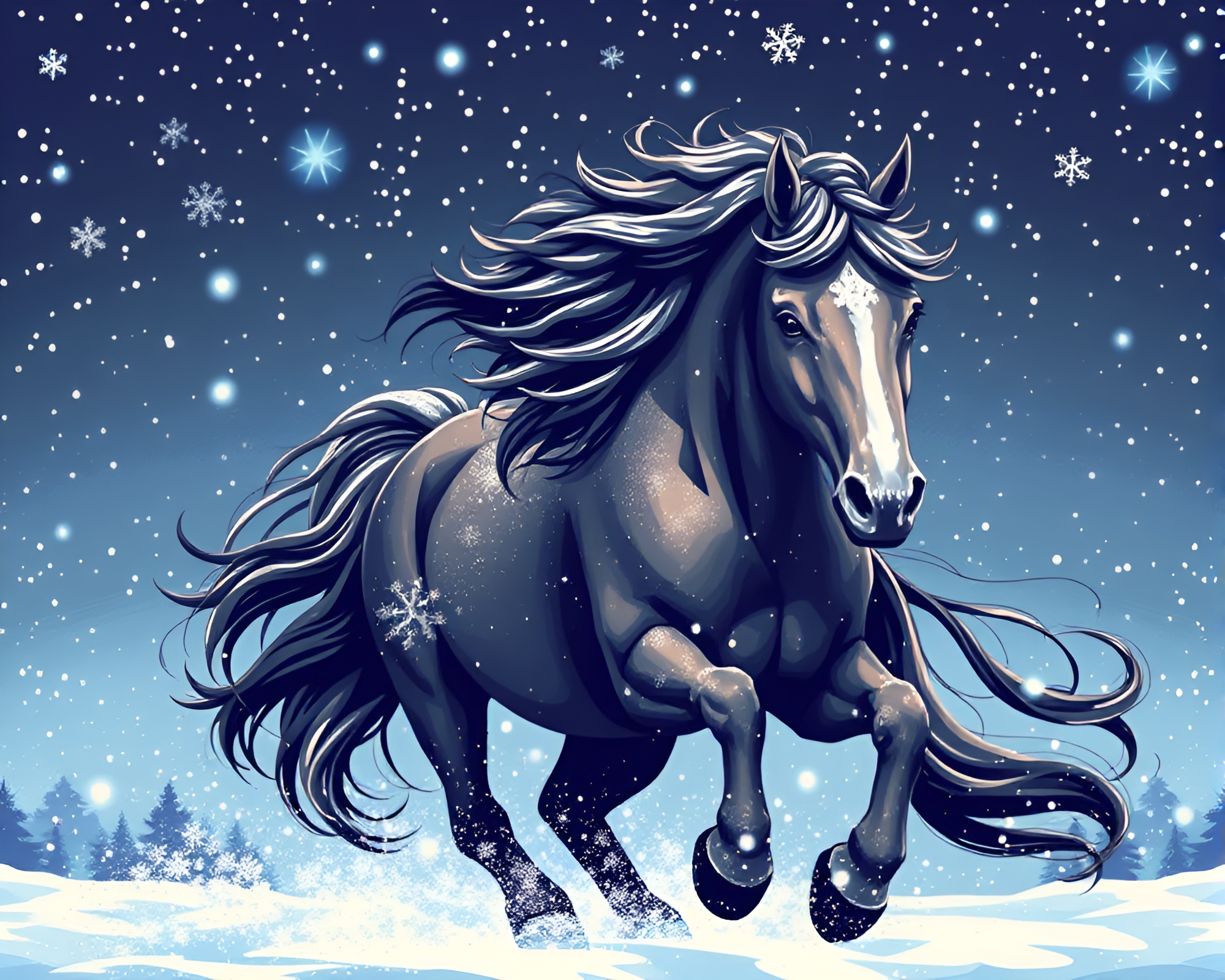 Majestic Wild Stallion Journeying Through Snowflakes – free AI stock image
