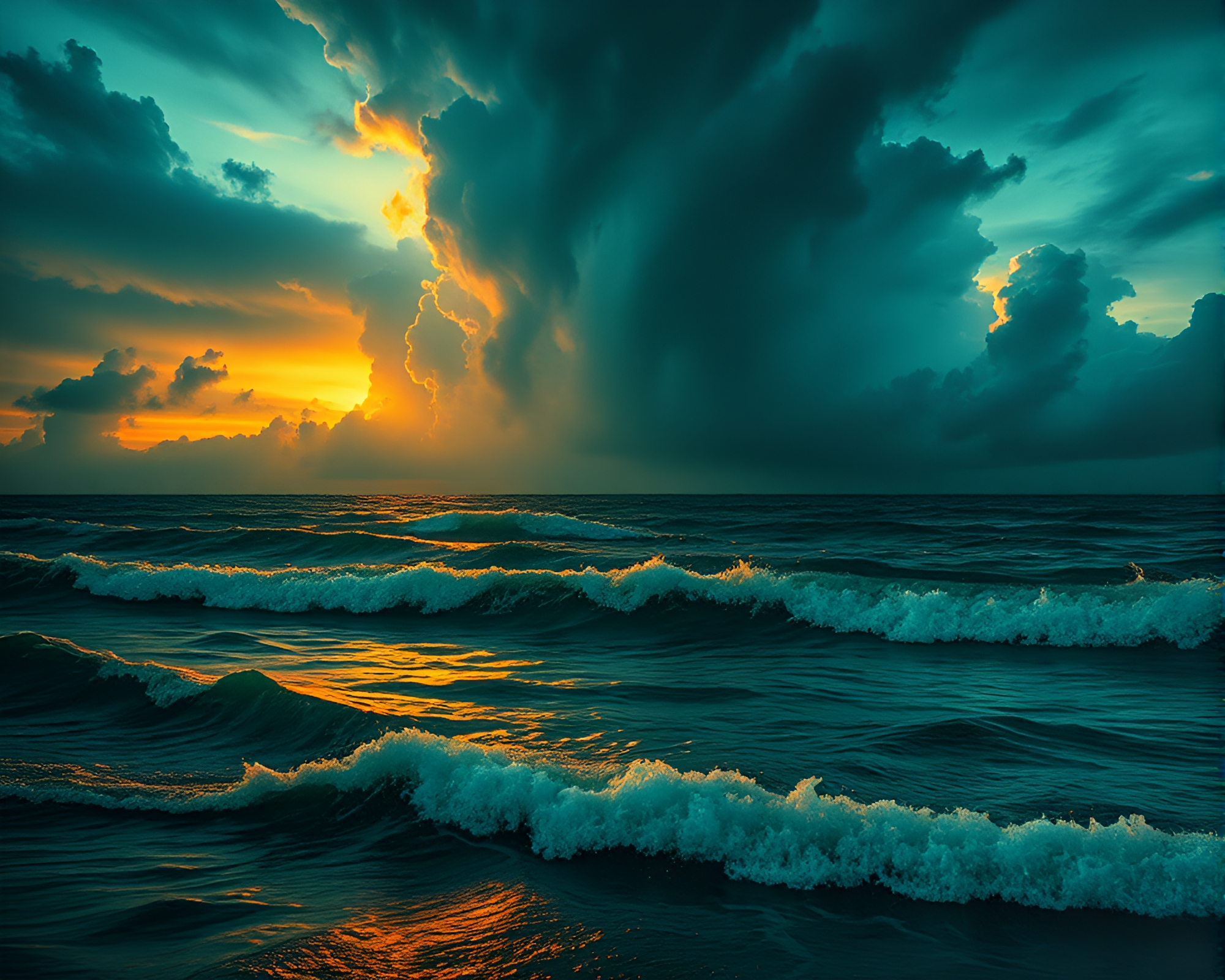 Copper Verdigris Engraving of Ocean Thunderstorm at Dawn – free AI stock image