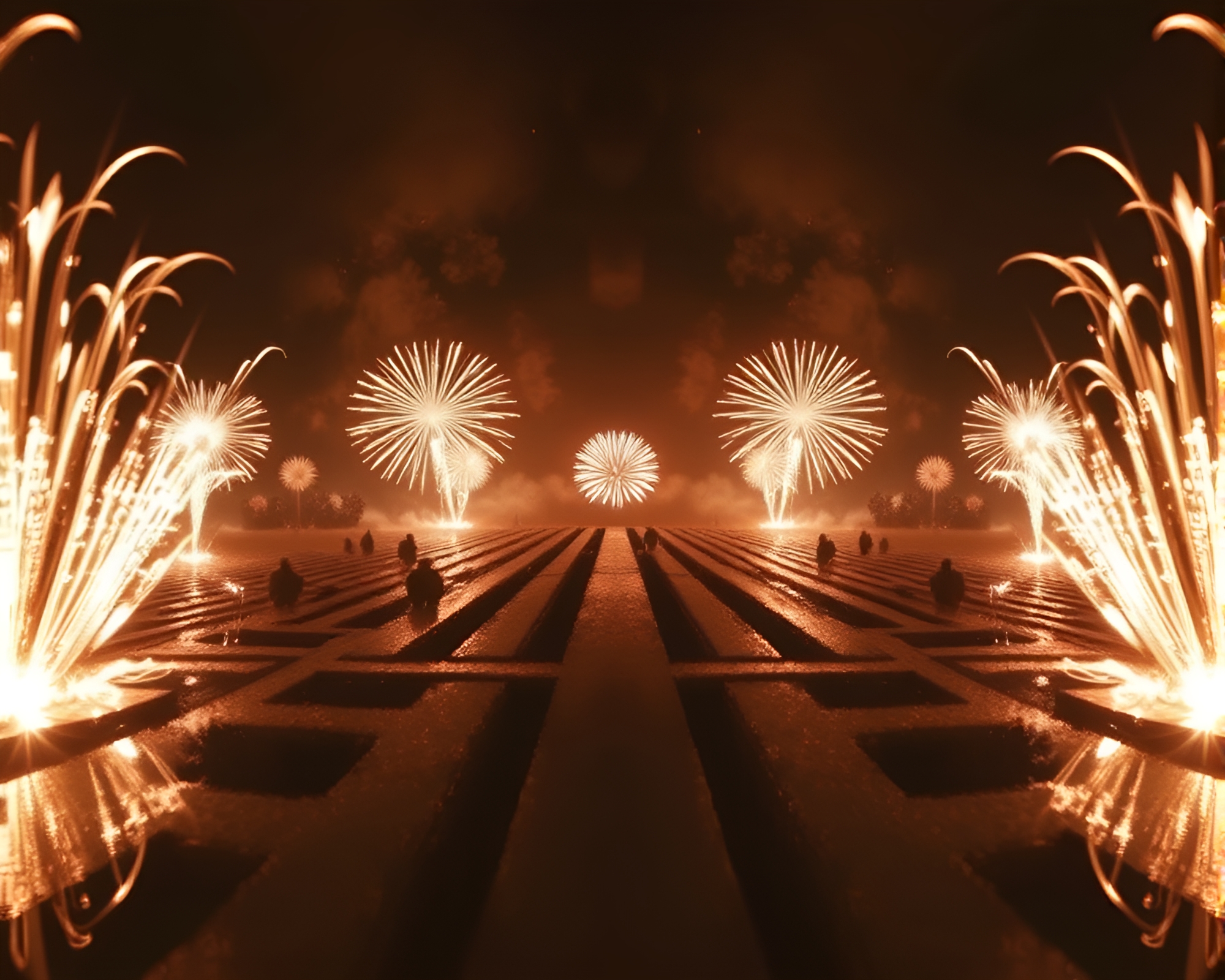 Enigmatic Mirror Maze at Festival Fireworks Sepia Glow – free AI stock image