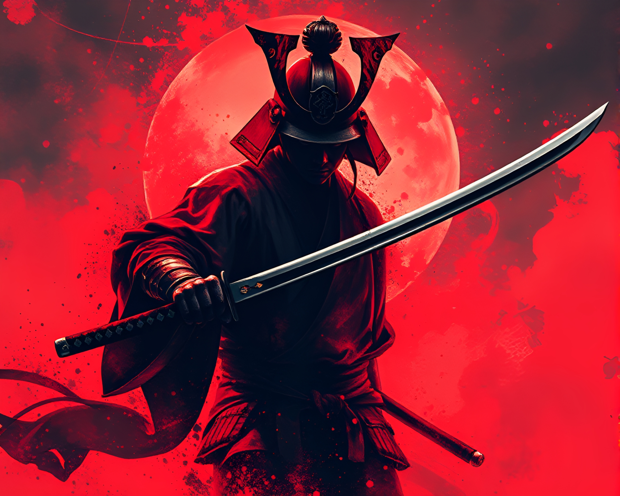 Samurai Warrior Surrounded by Fiery Ink Splashes – free AI stock image