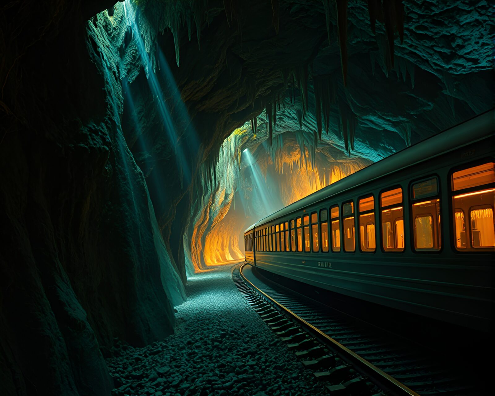 Graphic novel style train light trails weaving between oil-rich textured stalactites in cave