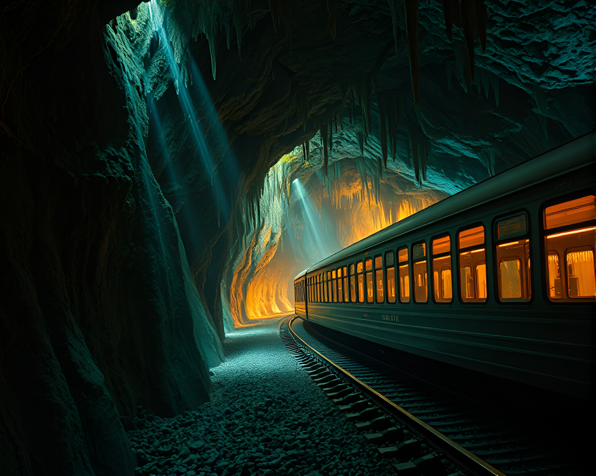 Fantasy Train Journey Through Glowing Cave Stalactites – free AI stock image