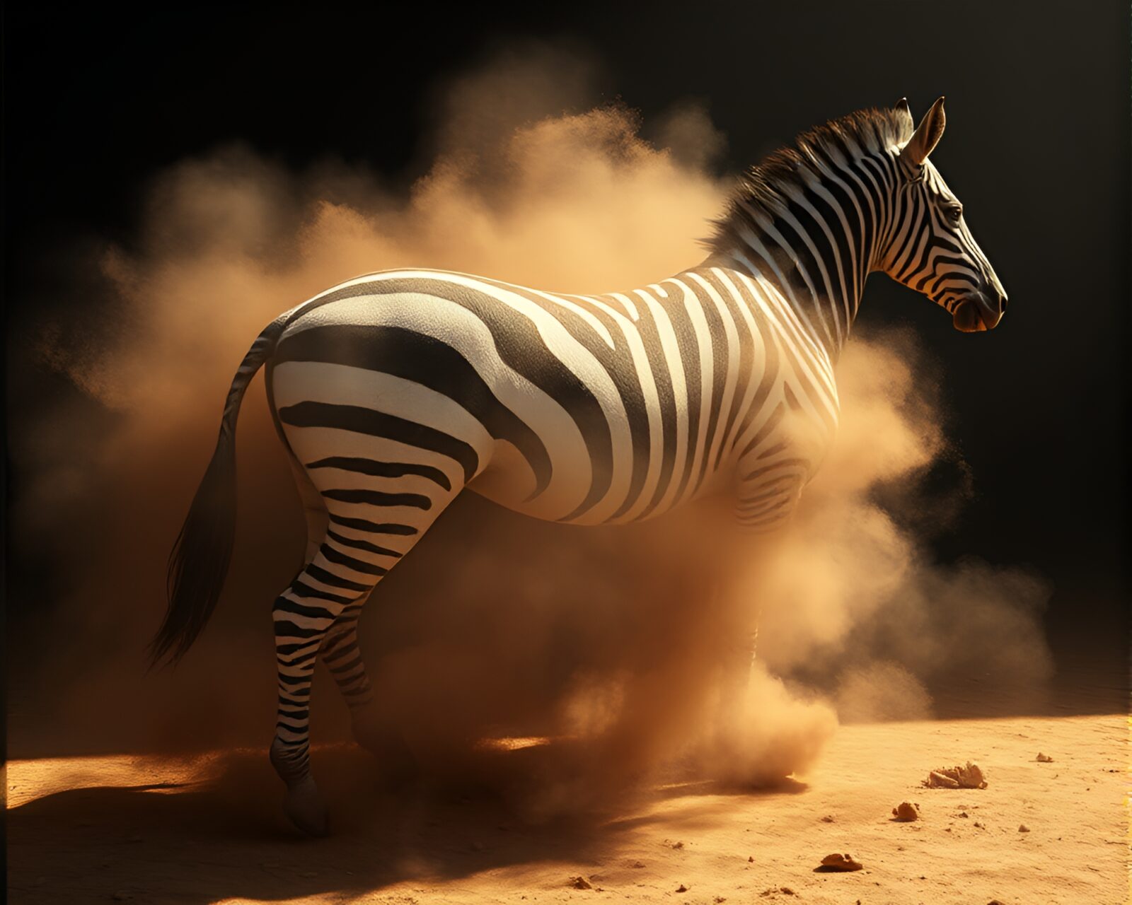 Zebra standing in shadows with dust particles floating around