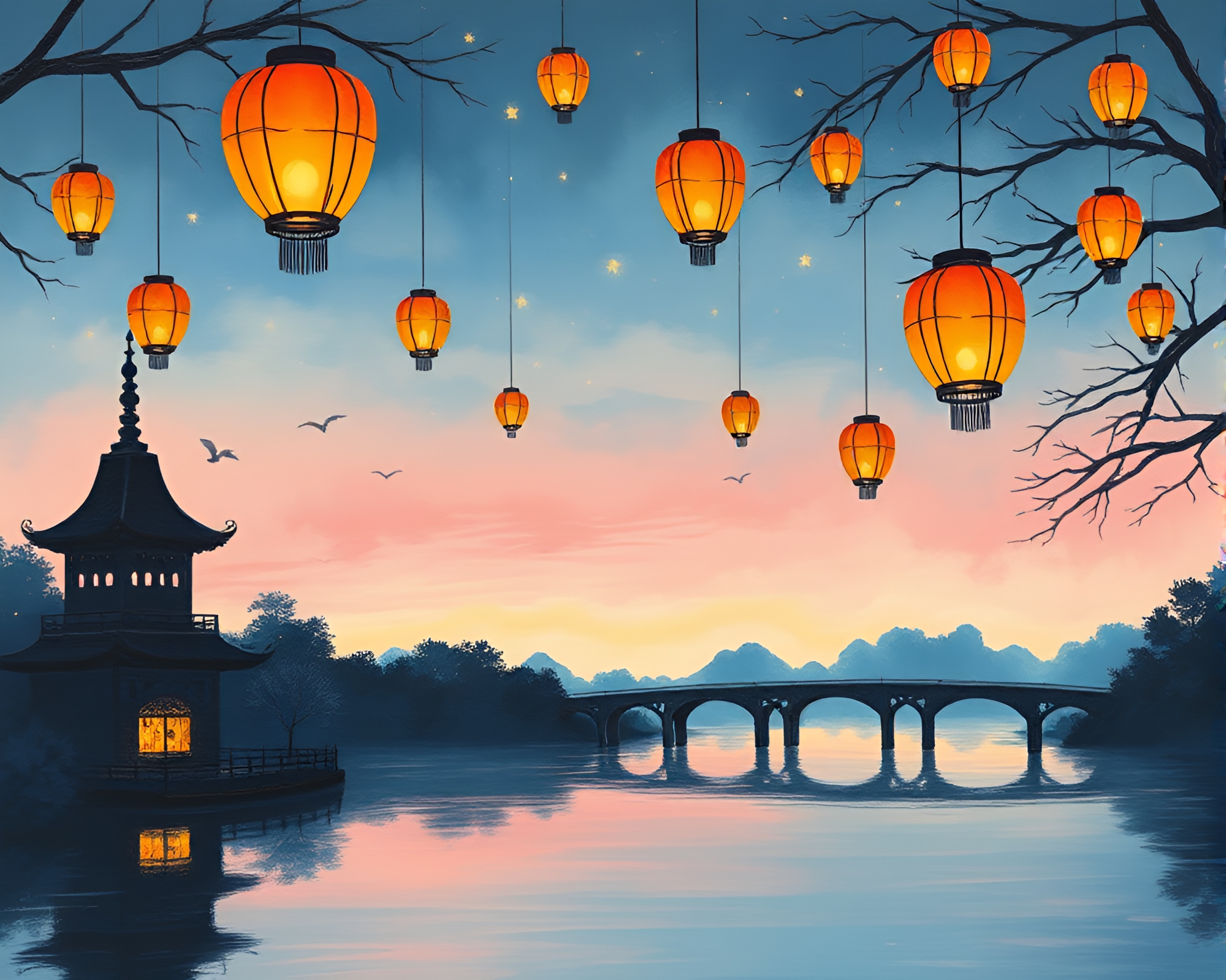 Twilight Lanterns: Silhouette Acrylic Painting – free AI stock image