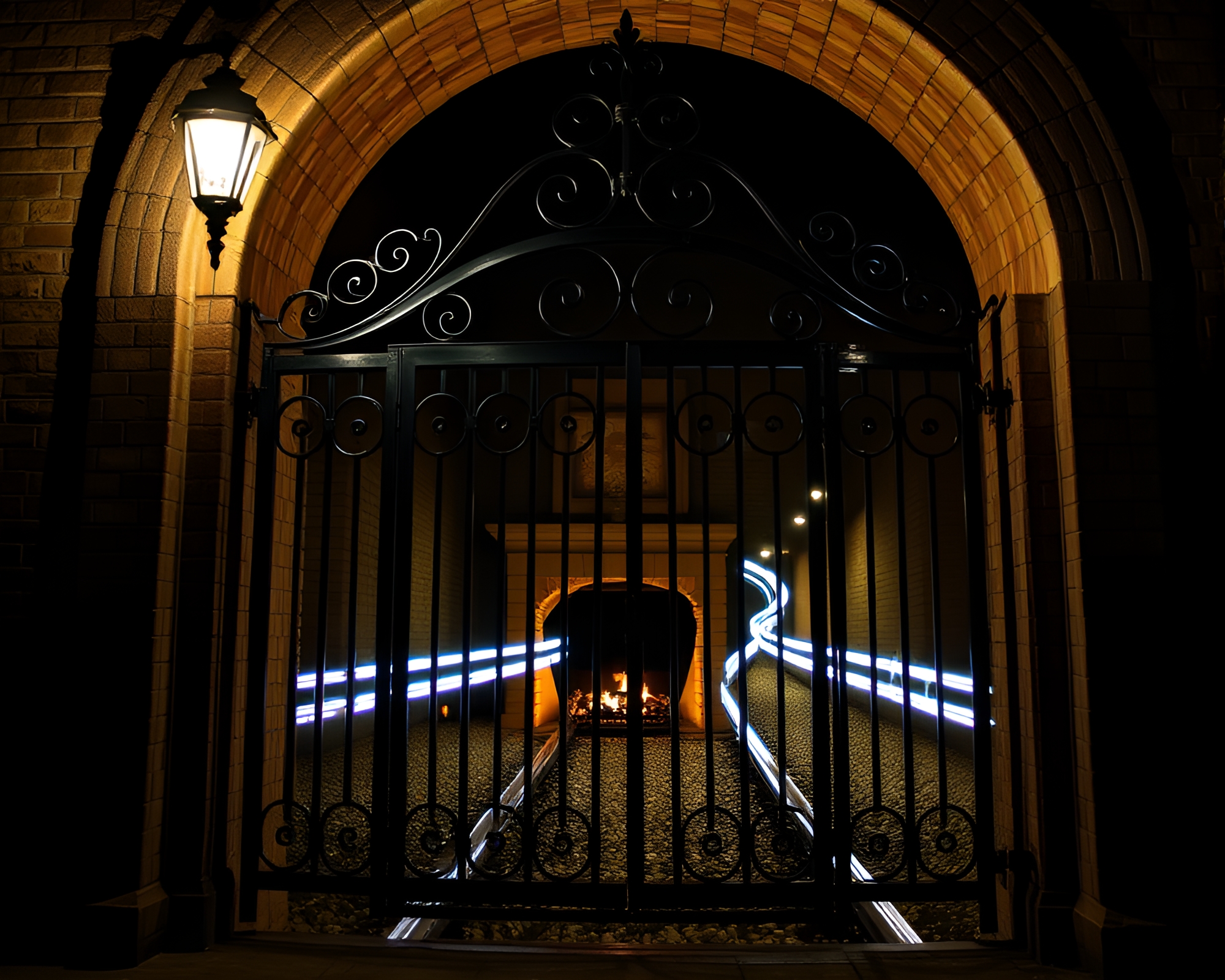 Ethereal Train Light Trails Through Wrought Iron Gate – free AI stock image