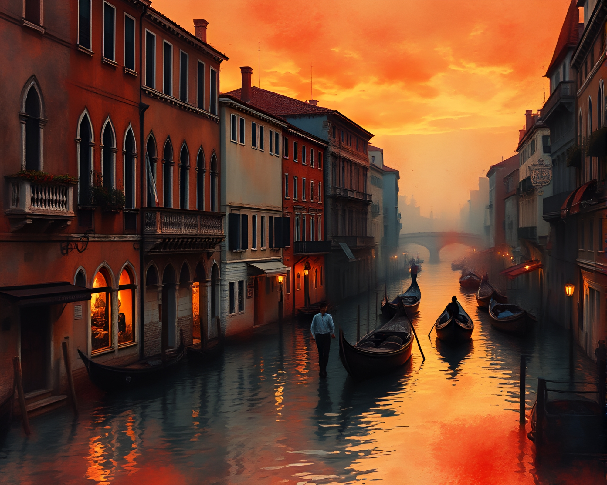 Venetian Canal at Dusty Sunset in Ink Wash Style – free AI stock image