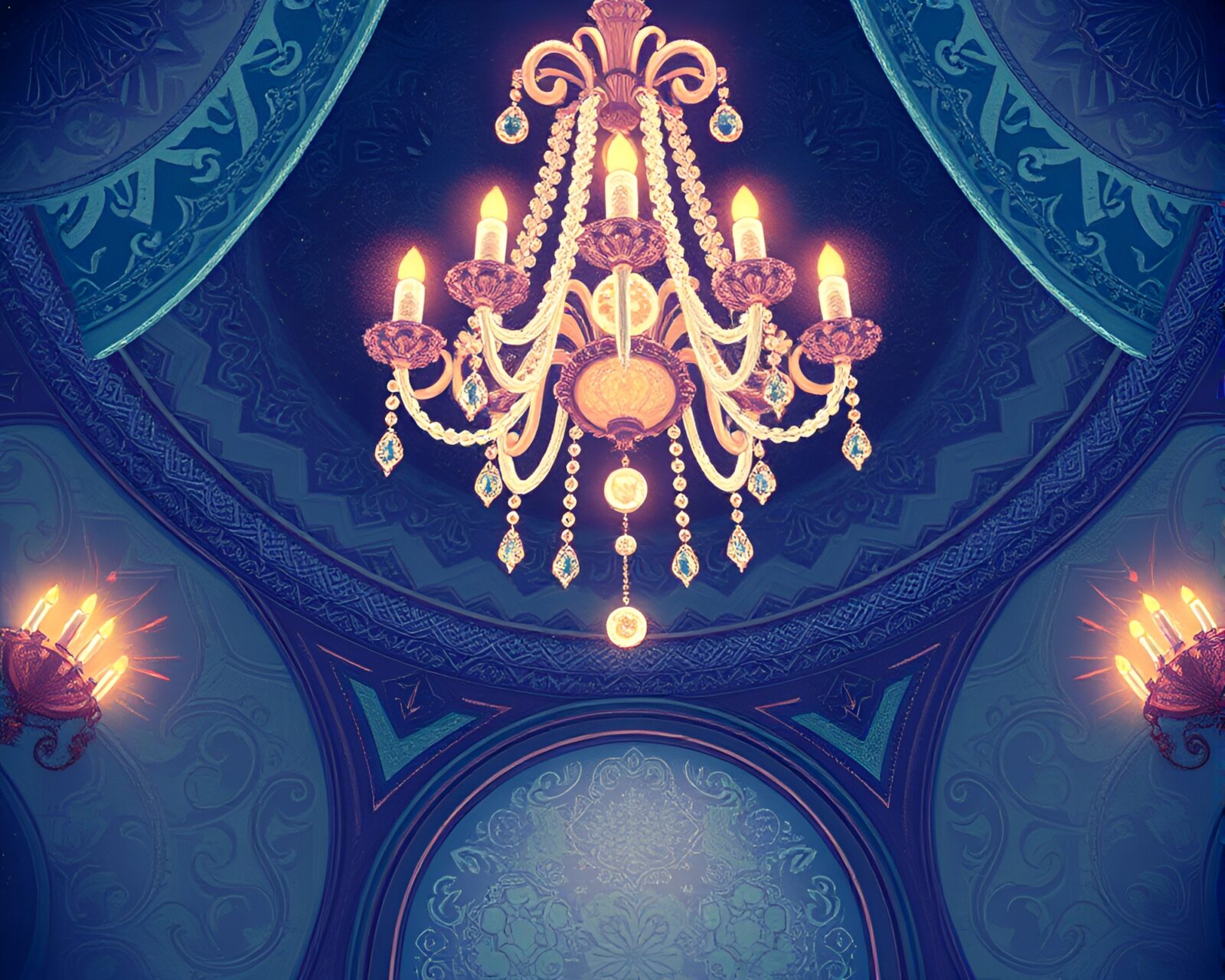 Intricate patterns of a phosphorescent chandelier in a fantasy setting