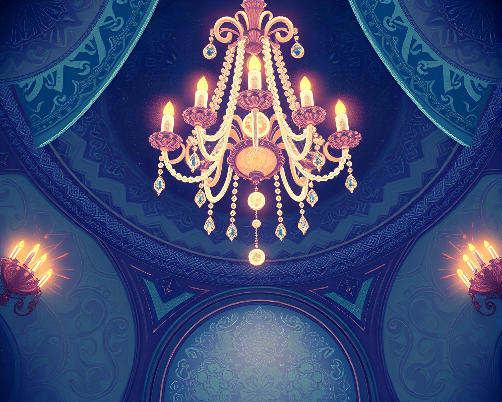Glowing Chandelier in Whimsical Children’s Book Illustration – free AI stock image