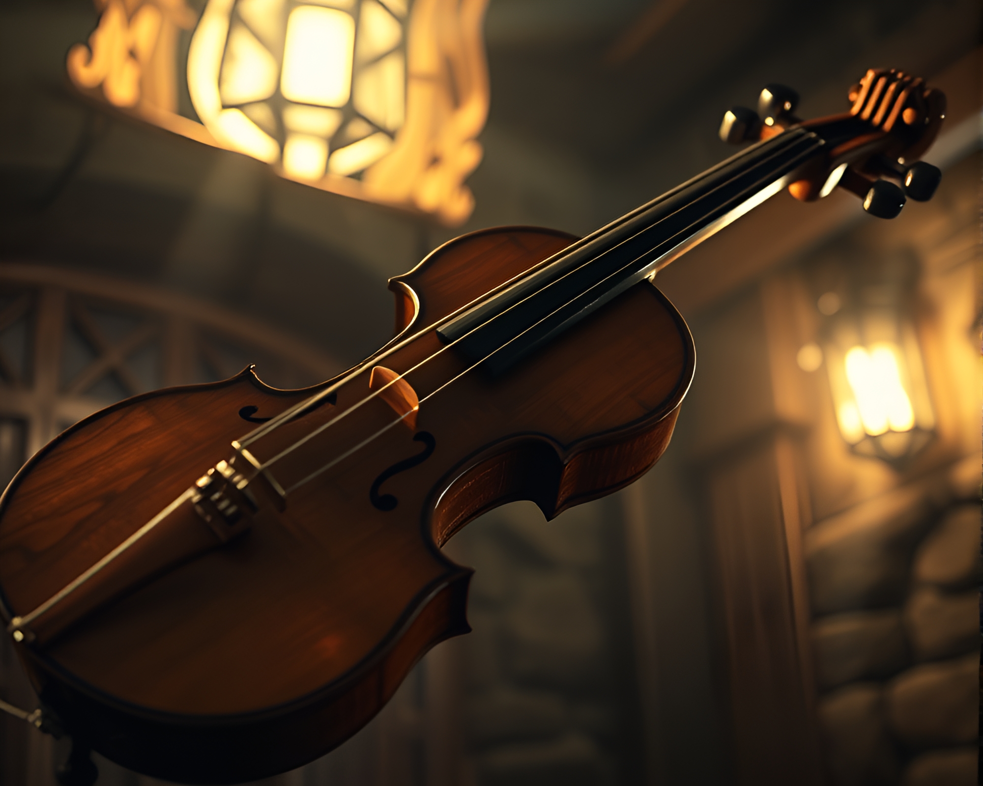 Holographic Wooden Violin in Torchlit Dungeon – free AI stock image