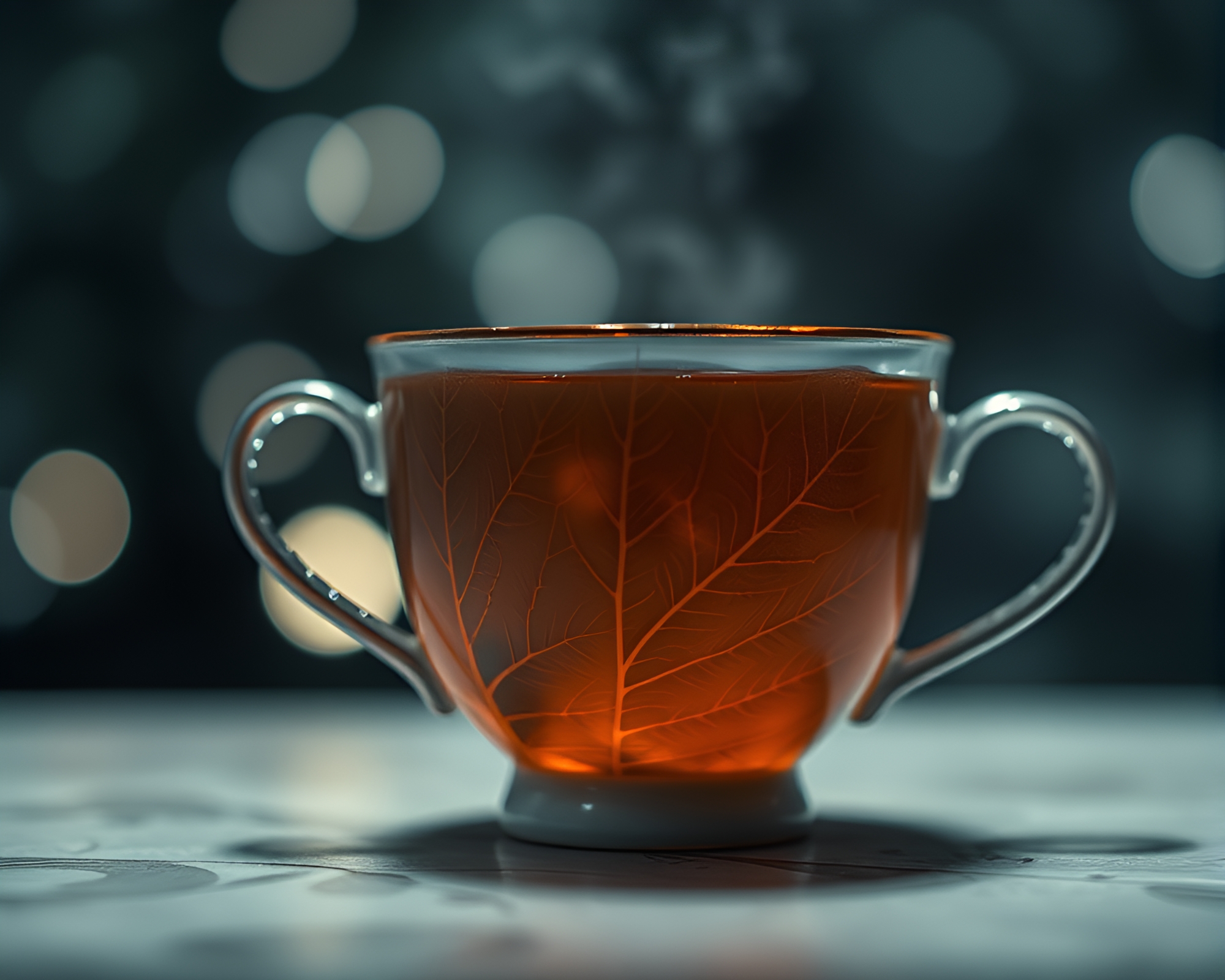 Botanical Floating Tea Cup with Bokeh Lights – free AI stock image