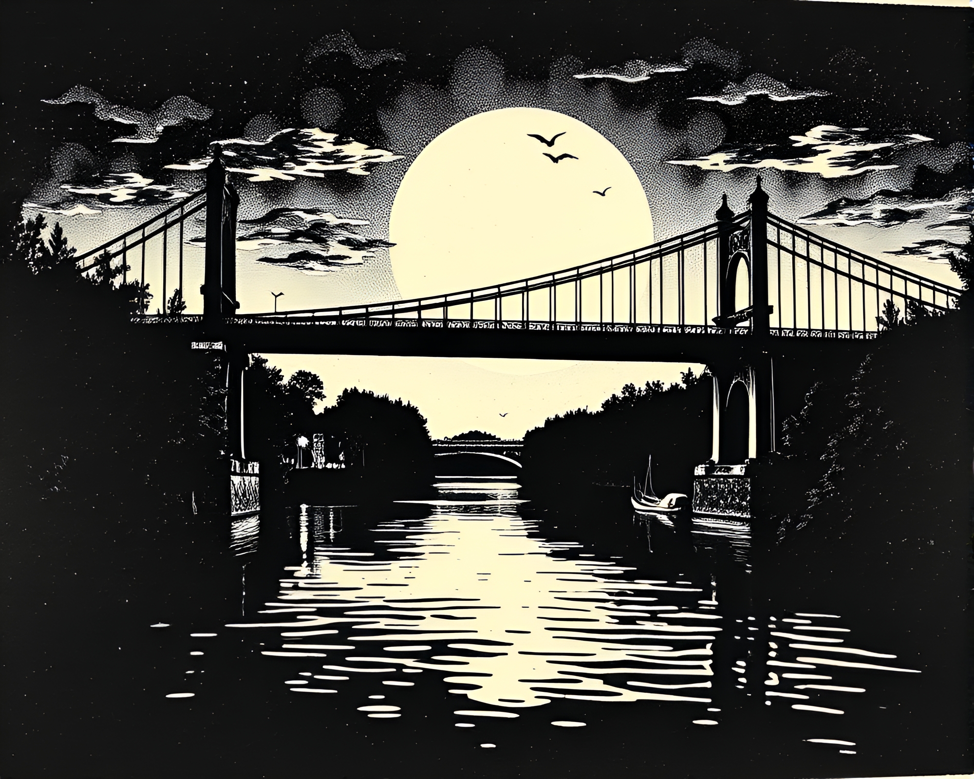 Suspension Bridge with Sprocket Holes in Linocut Style – free AI stock image