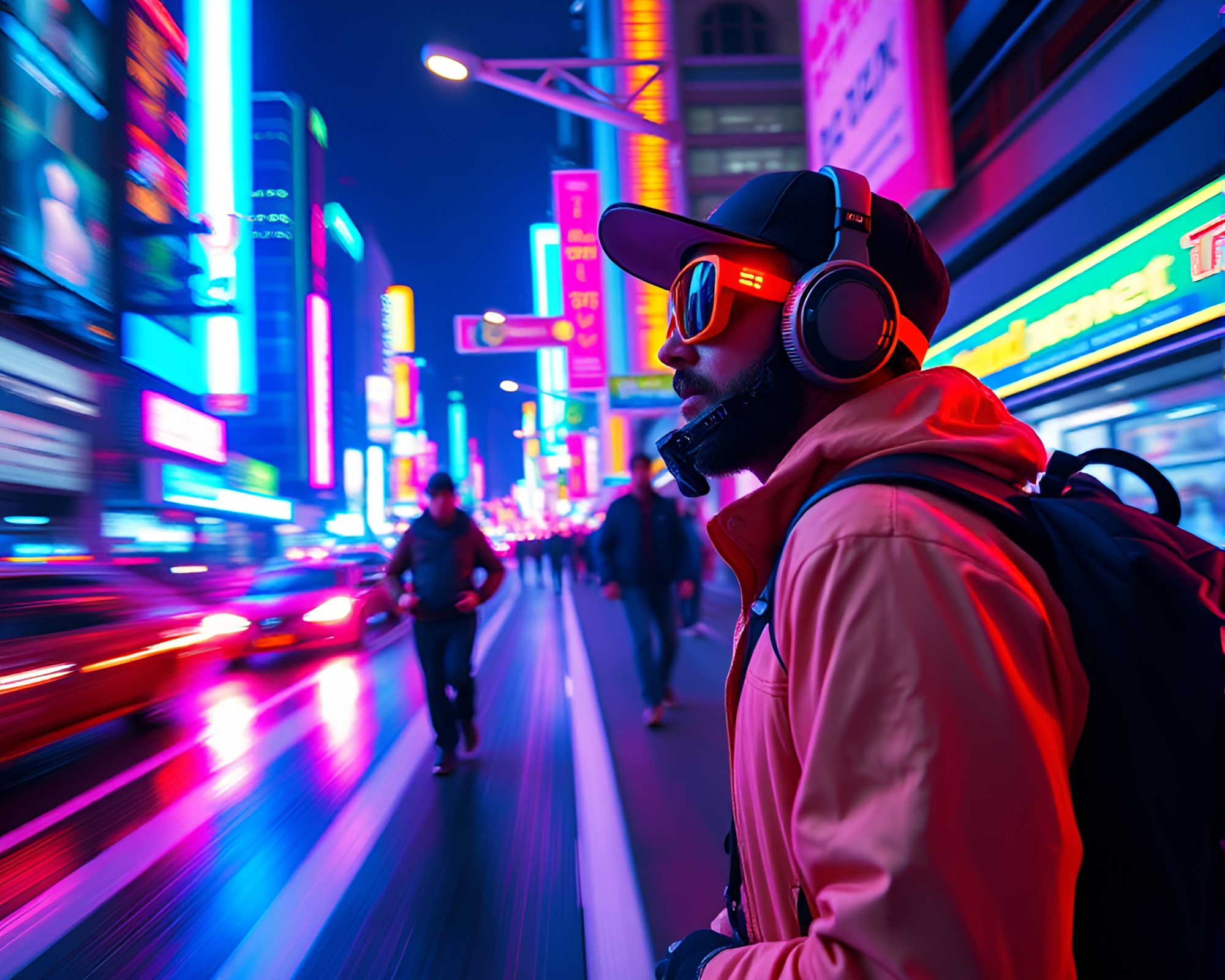 Neon Time Traveler in Pixelated Motion – free AI stock image