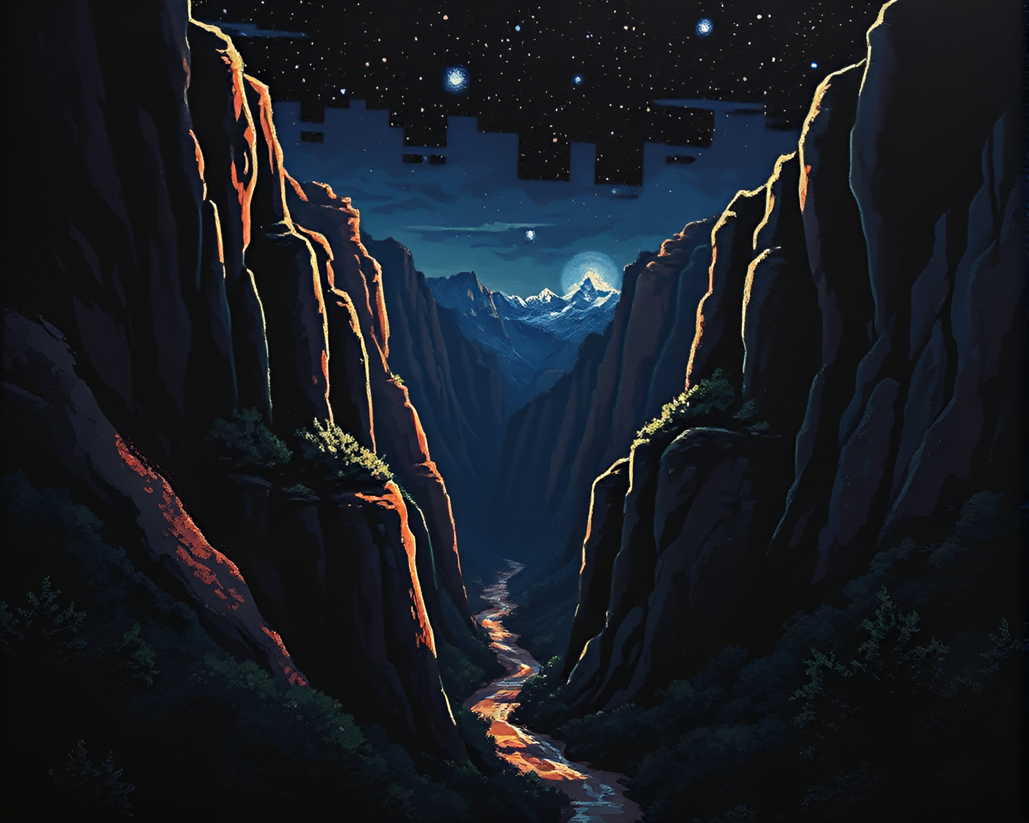 Pixelated Canyon Noir Impressionist Painting – free AI stock image