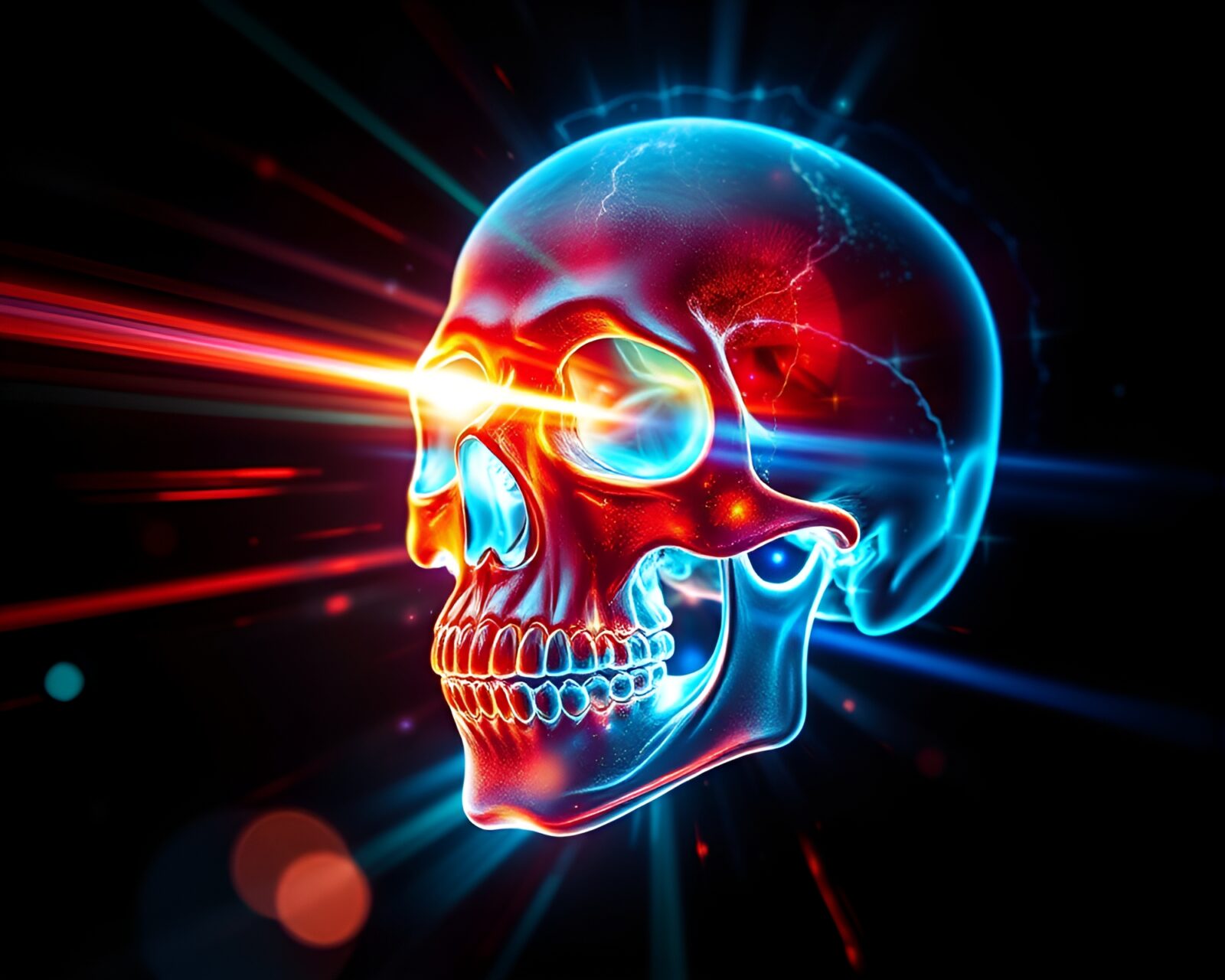 Colorful crystal skull surrounded by digital light leaks