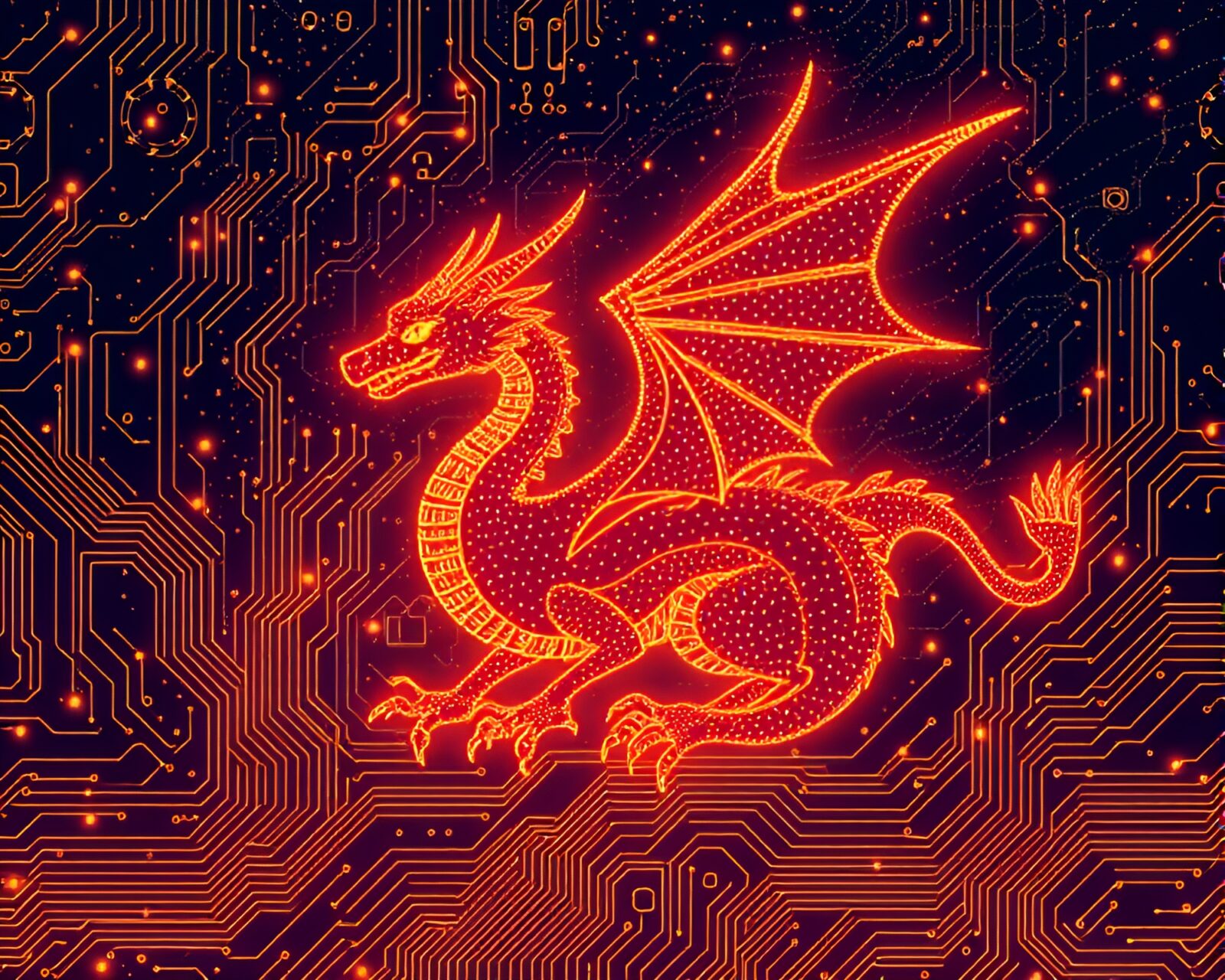 Golden hour glow illuminating a pixelated celestial dragon circuit board