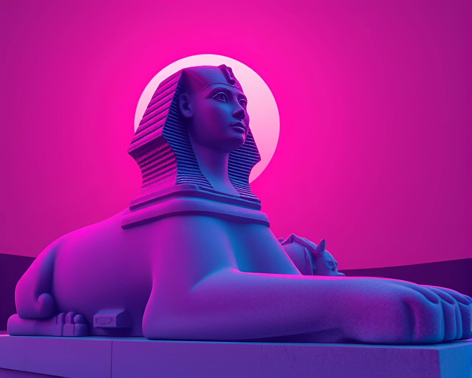 Sphinx statue in stippled silhouette against pink sunrise