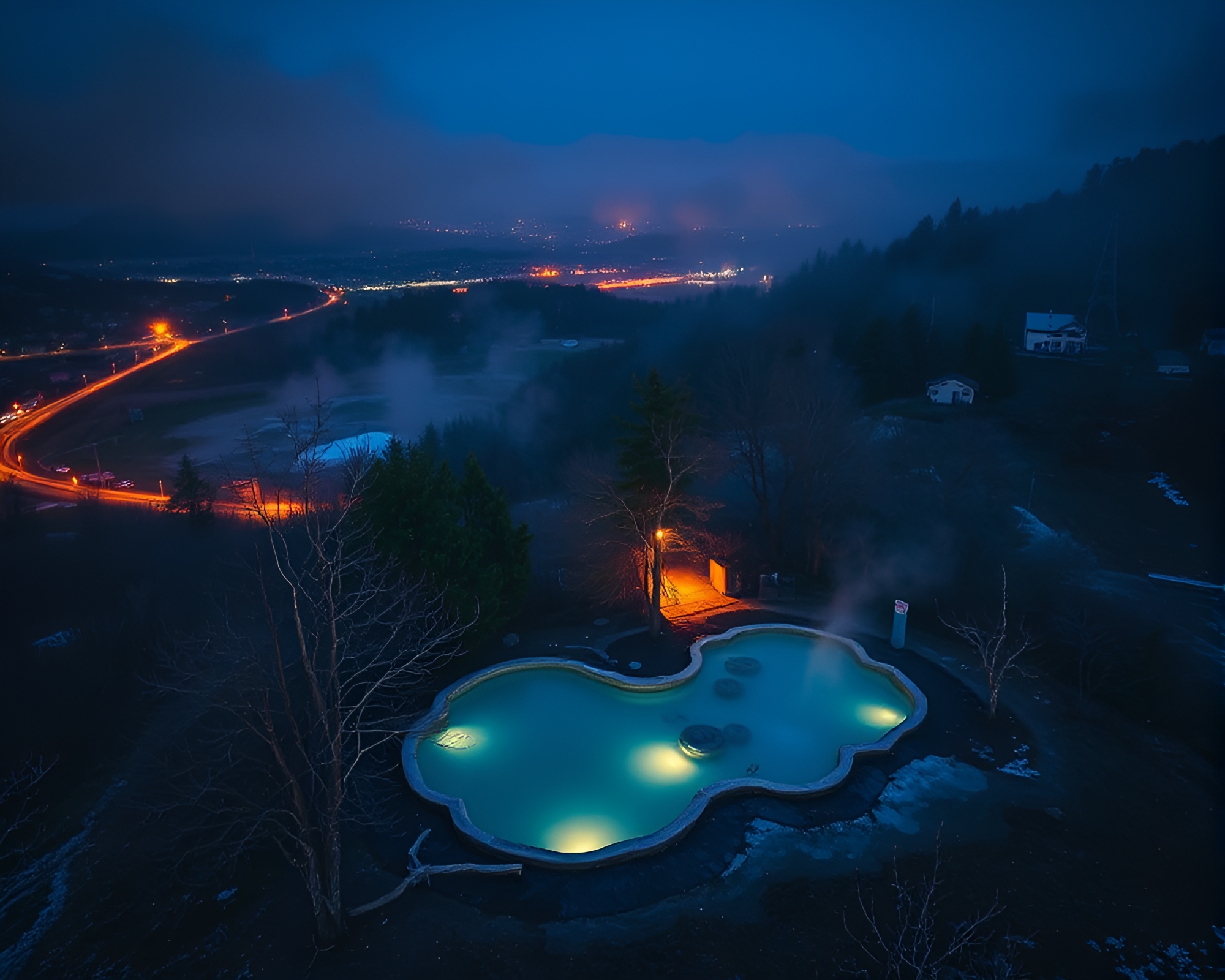 Hot Spring Oasis from Bird’s Eye at Blue Hour – free AI stock image