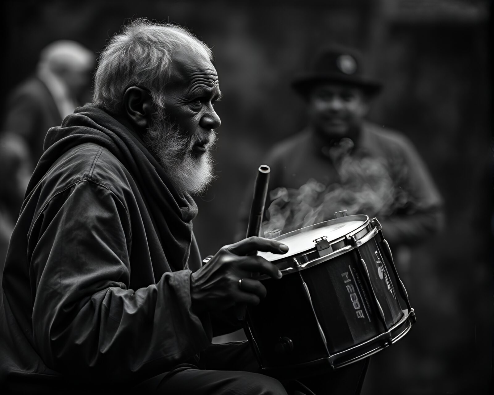 Photorealistic image of a drummer lost in music