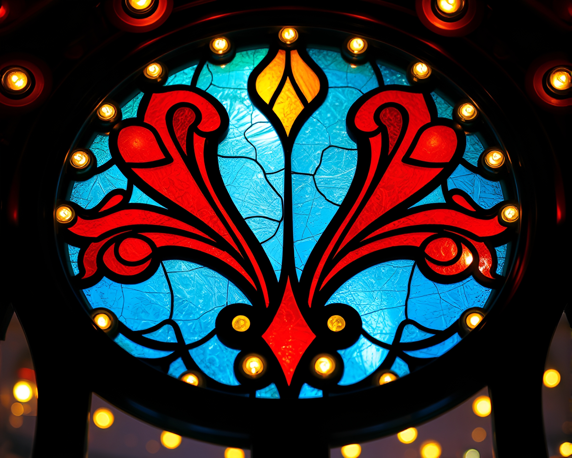 Carnival Lights Through Stained-Glass Window Close-Up – free AI stock image