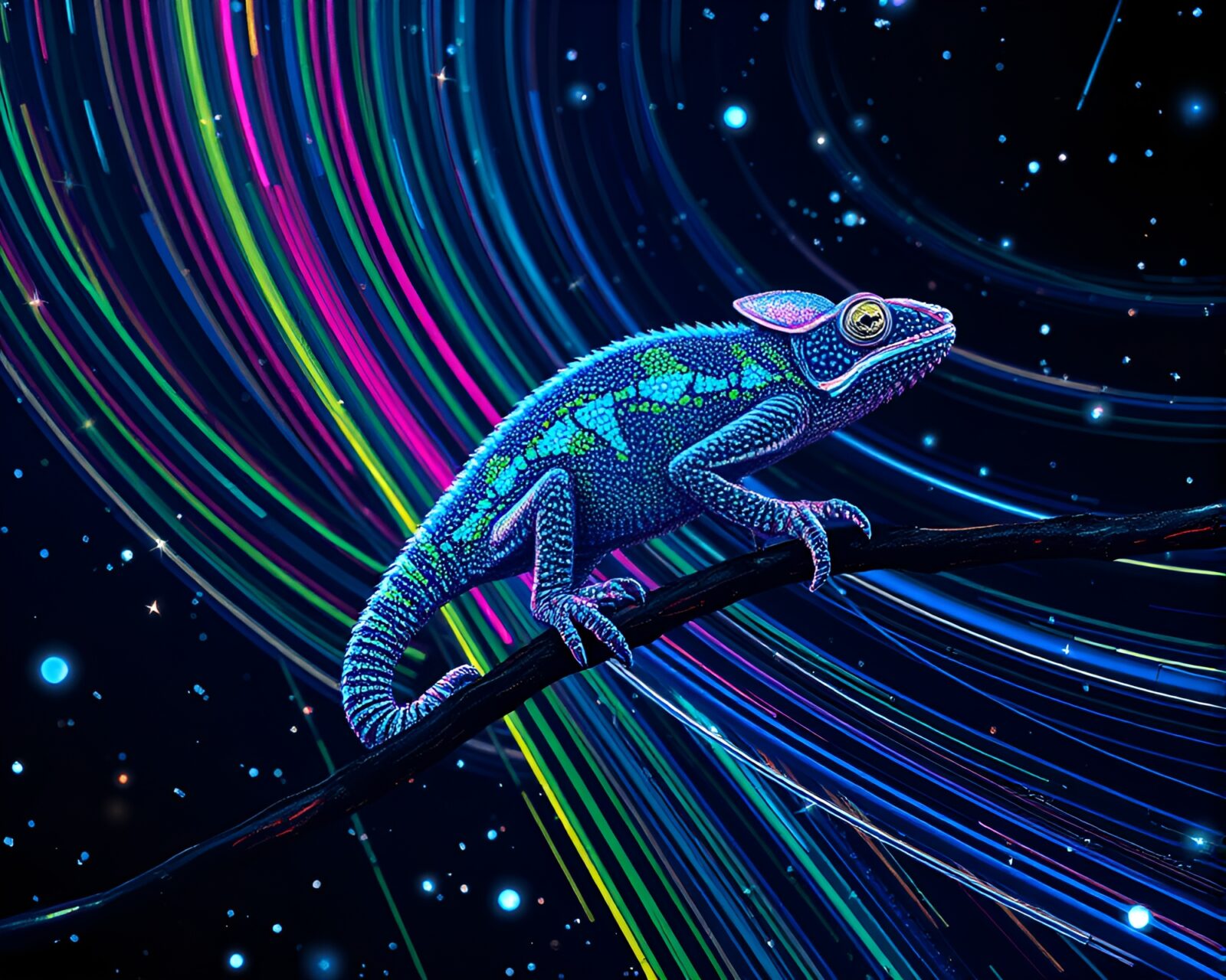 Color-shifting chameleon under vibrant holographic star trails