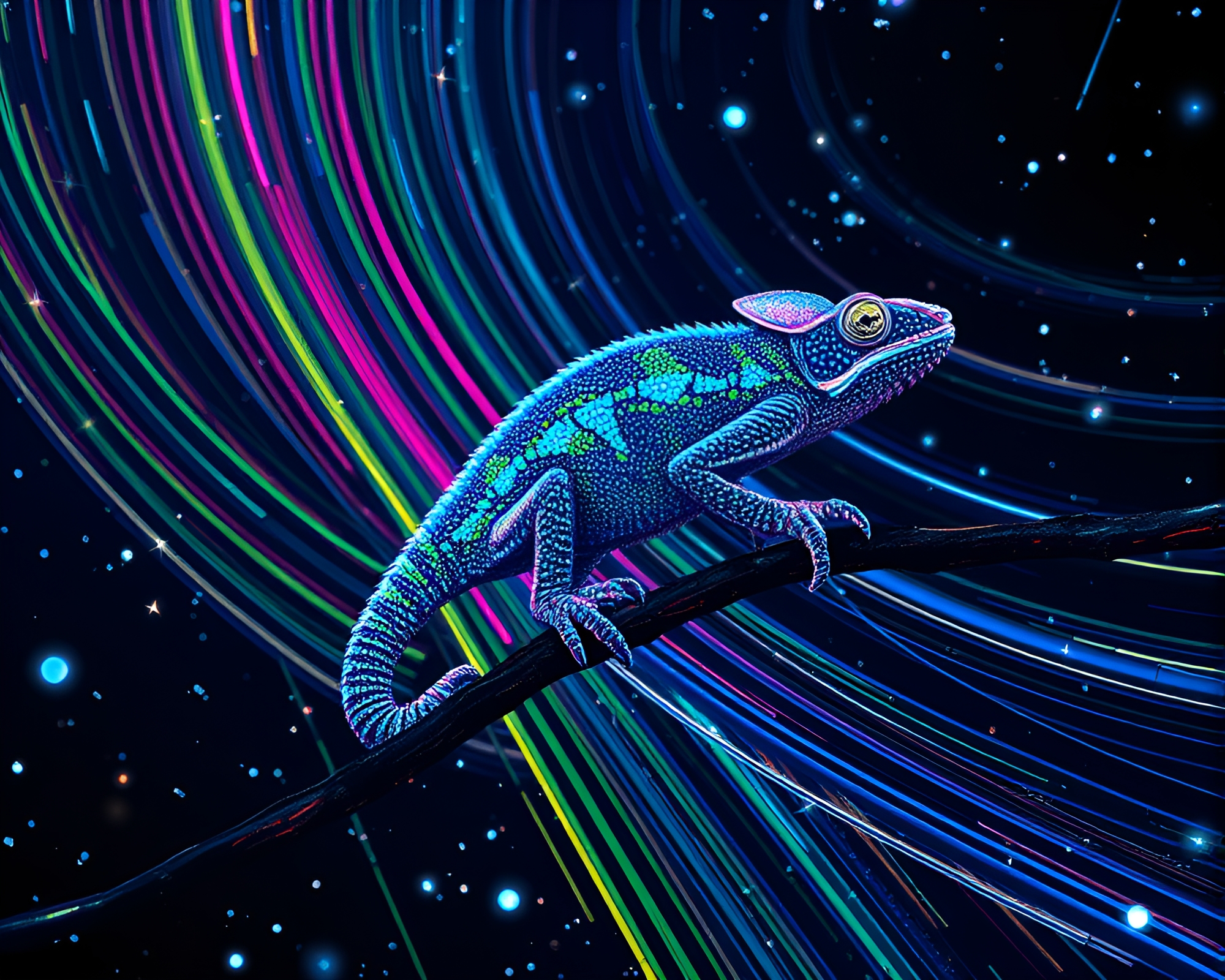 Chameleon blending in neon star trails hologram – free AI stock image
