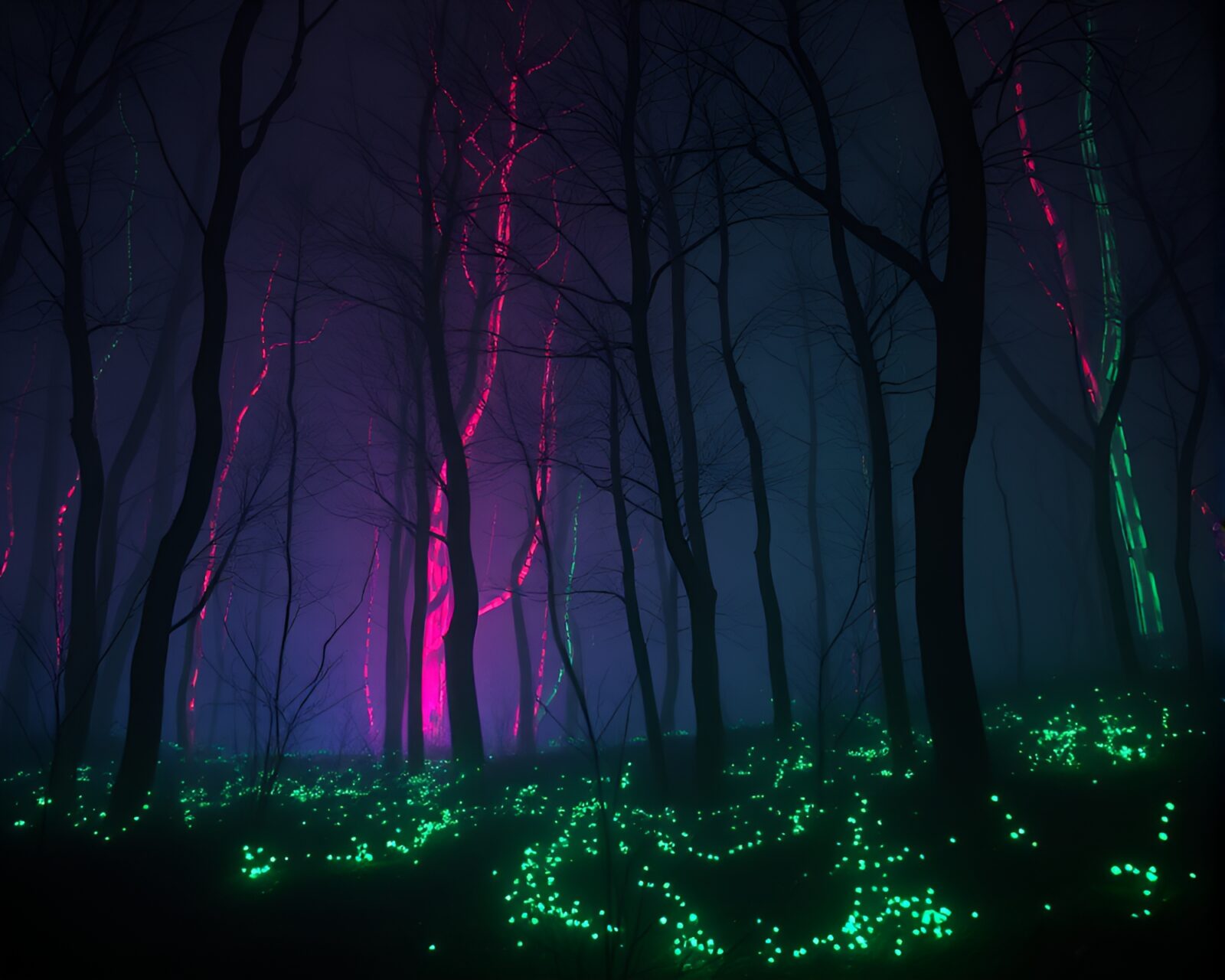 Dark forest with flickering neon lights in vintage future style