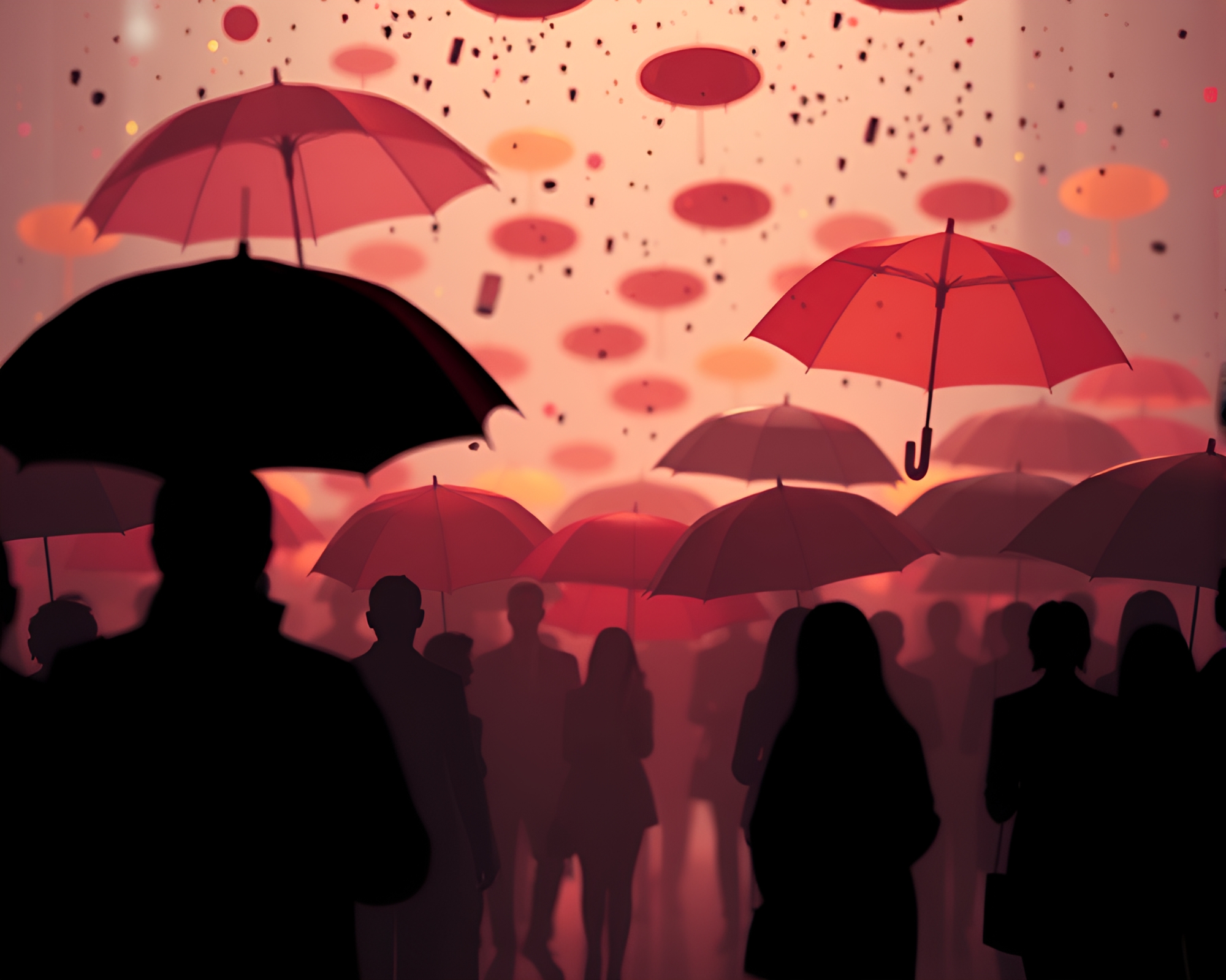 Silhouetted Crowd Braving Rain with Umbrellas in Stop-Motion – free AI stock image