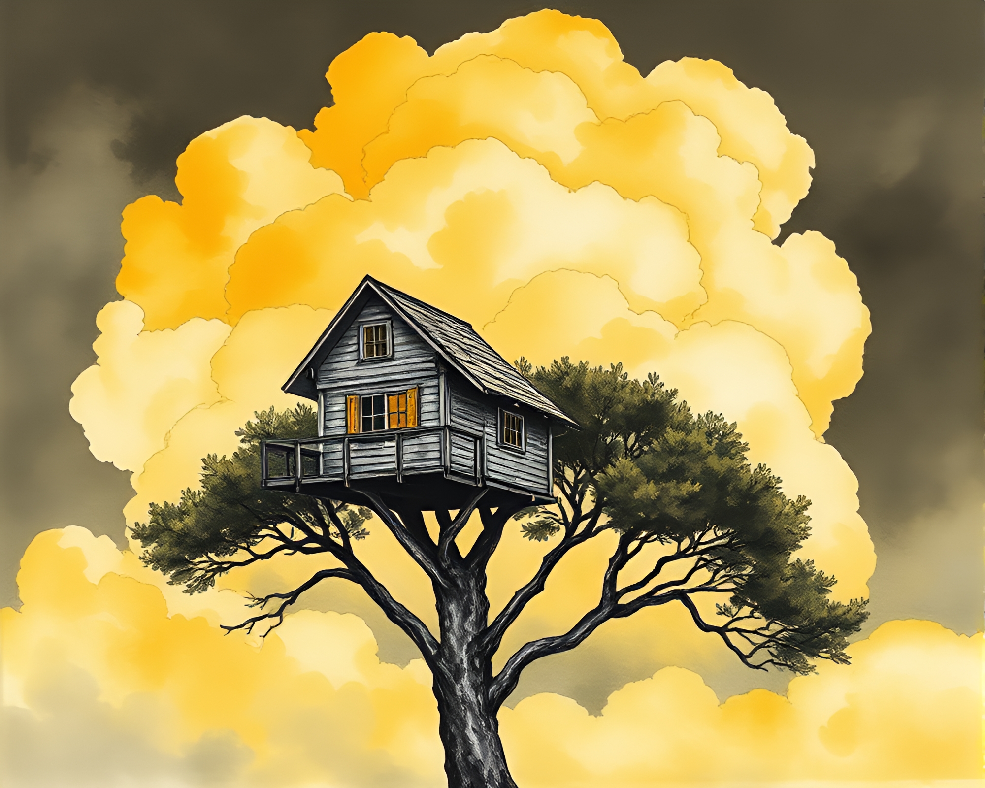 Majestic Treehouse amidst Mustard Cloud Formations – free AI stock image