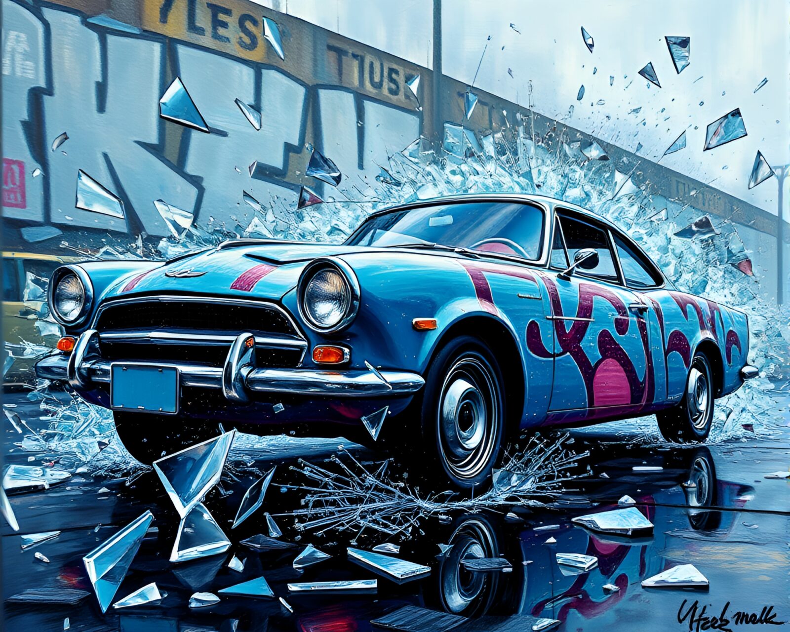 Colorful graffiti flying car created with glass shards